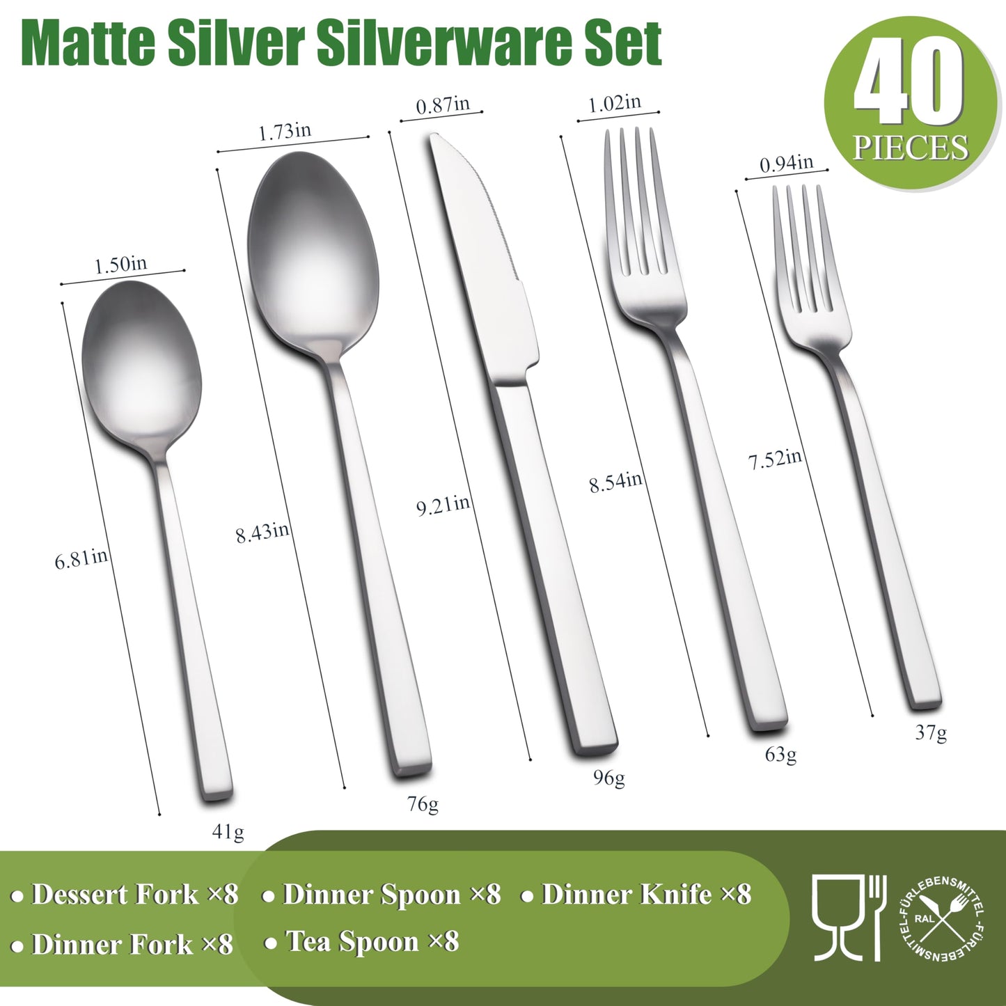 Forged Silverware Set for 8, 40-Piece Stainless Steel Matte Satin Finish Flatware Set Silverware Cutlery Set Tableware Modern Kitchen Utensils Set for Home Restaurant, Dishwasher Safe