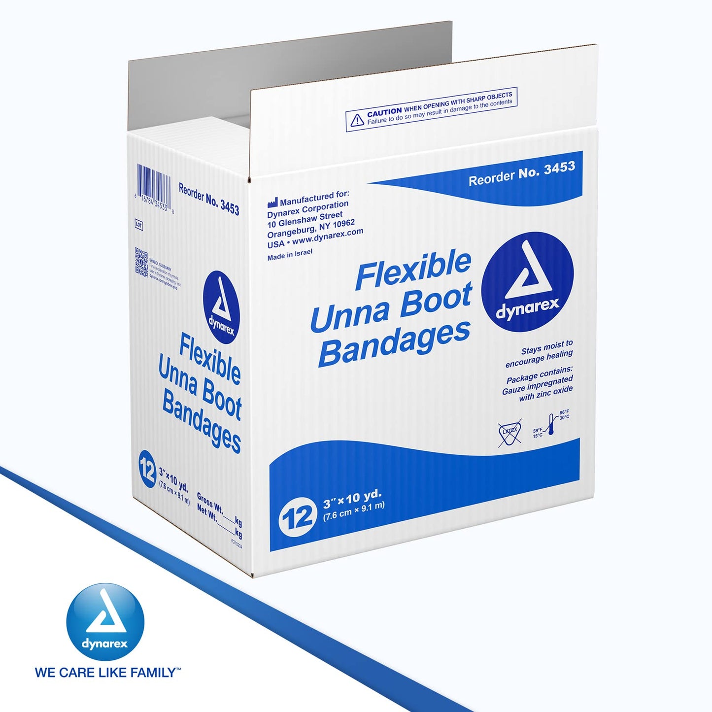 Dynarex 3453 Unna Boot Bandage, Individually Packaged, Provides Customized Compression, With Zinc Oxide, Soft Cast, 3" x 10 Yard, Pack of 12