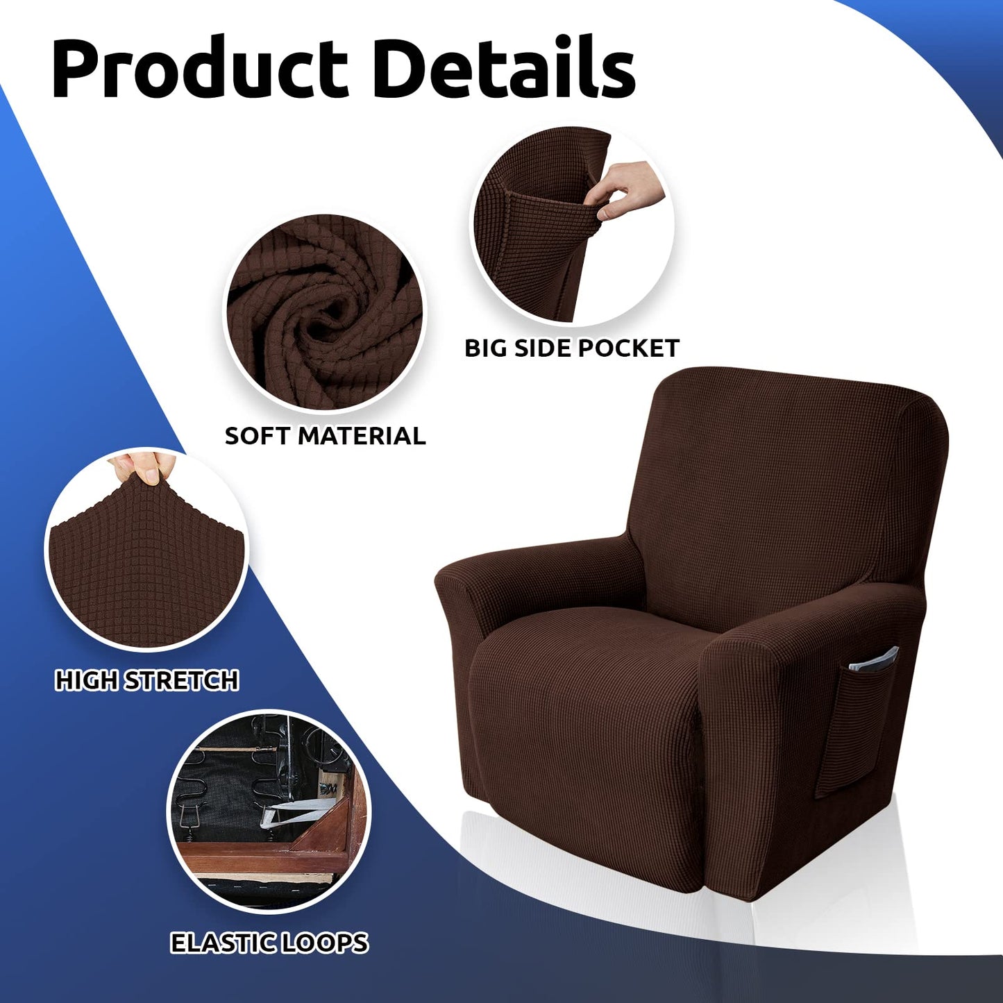 KEKUOU Recliner Chair Covers Lazy Boy Recliner Covers Stretch Couch Cover Slipcovers 1 Piece Furniture Protector with Elastic Bottom for Dog,Kids.(Recliner, Chocolate)