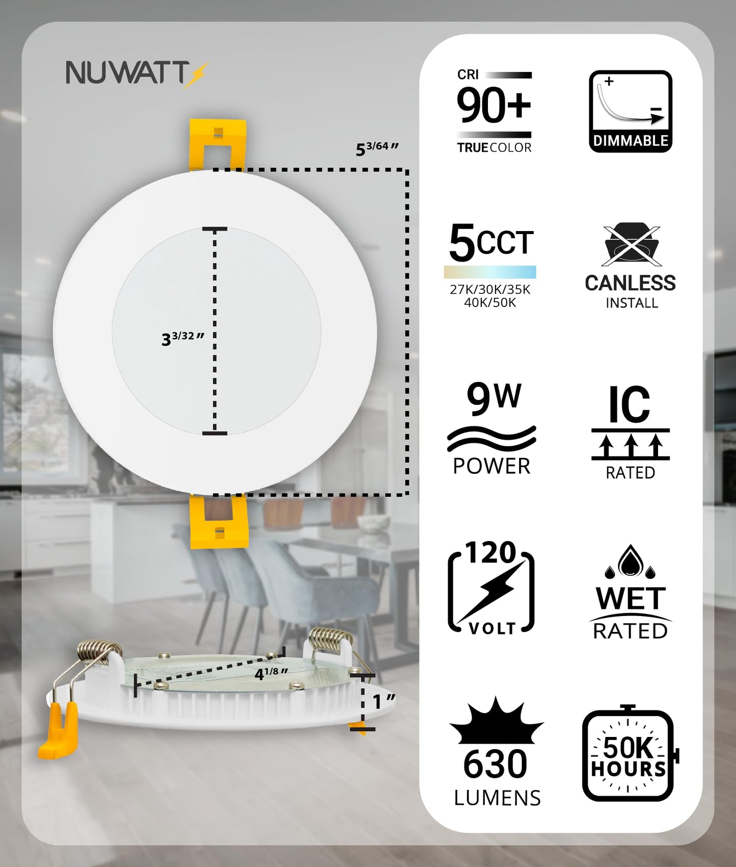 NUWATT 6 Pack, 4 Inch Ultra-Thin LED Recessed Lighting, 5CCT 2700K/3000K/3500K/4000K/5000K Selectable, 630LM, 9W, IC Rated, Dimmable Slim Panel Light, White Trim Canless Wafer with Junction Box, ETL