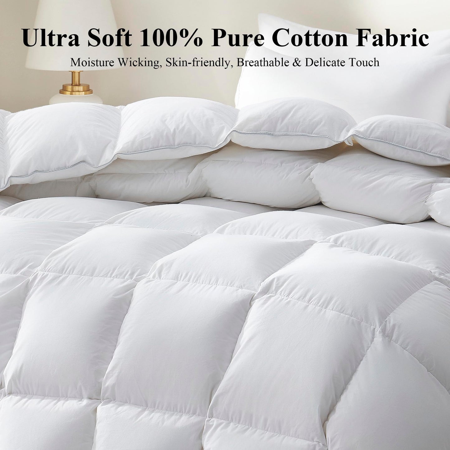 Ubauba Goose Feather Down Fiber Comforter Queen Size - All Season White Fluffy Duvet Insert - 750+ Fill Power Luxurious Hotel Bedding Comforter - Soft 100% Cotton Cover, Medium Warmth (90x90 Inch)