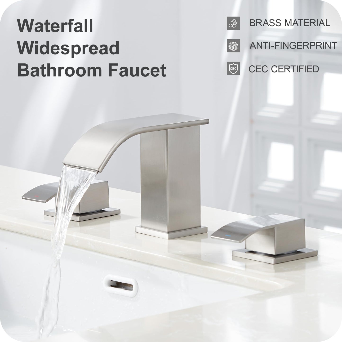 GAGALIFE 8 Inch Waterfall Bathroom Faucets 3 Hole - Brushed Nickel Widespread Bathroom Faucet with Pop-up Drain, Two Handles Bathroom Sink Faucet, Modern Vanity Sink faucets with Supply Lines