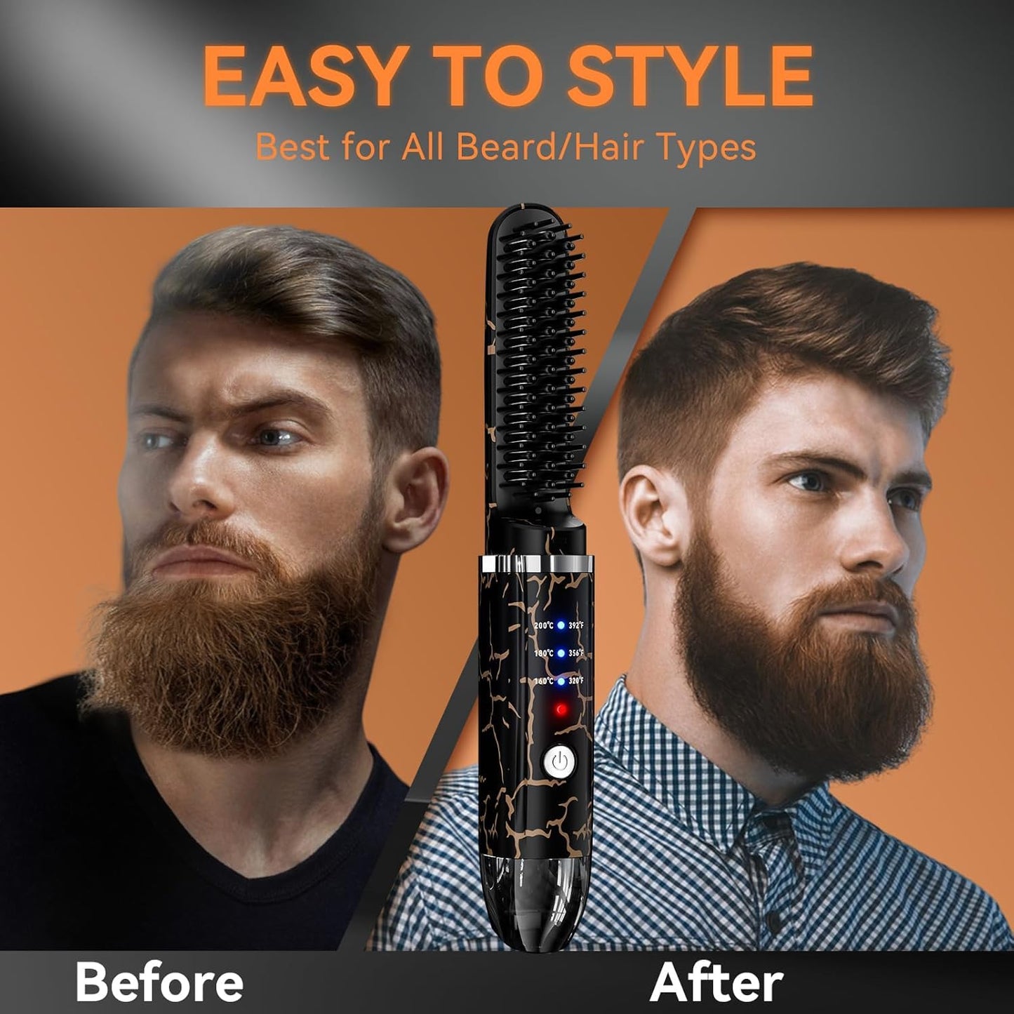 Beard Straightening Heat Brush for Men Cordless Beard and Hair Straightener Hot Comb with 3 Temp Settings, Mini and Anti-Scald丨Auto Shut Off for Home Travel, Gifts for Men