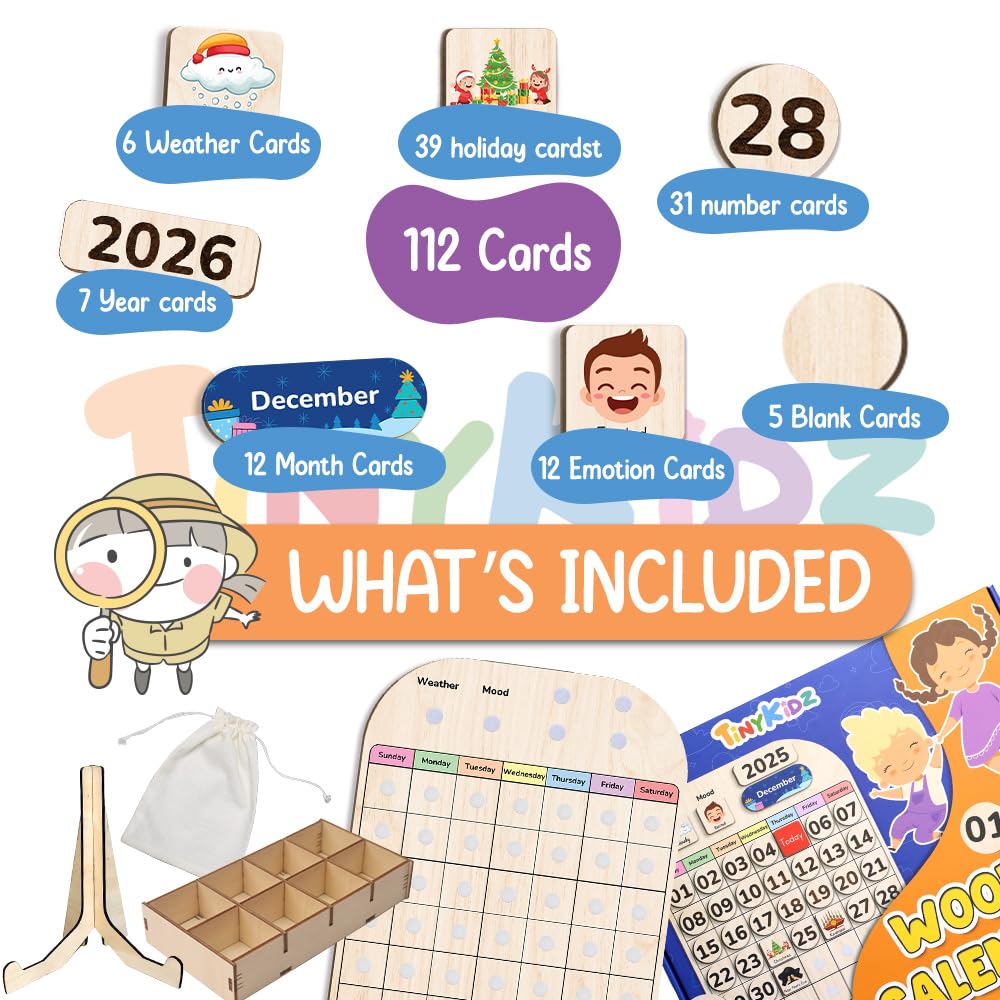 TinyKidz Wooden Calendar for Kids, Preschool Toddler Calendar Learning at Home and Classroom Teaching, Hanging Calendars for Kids, Months and Days of The Year