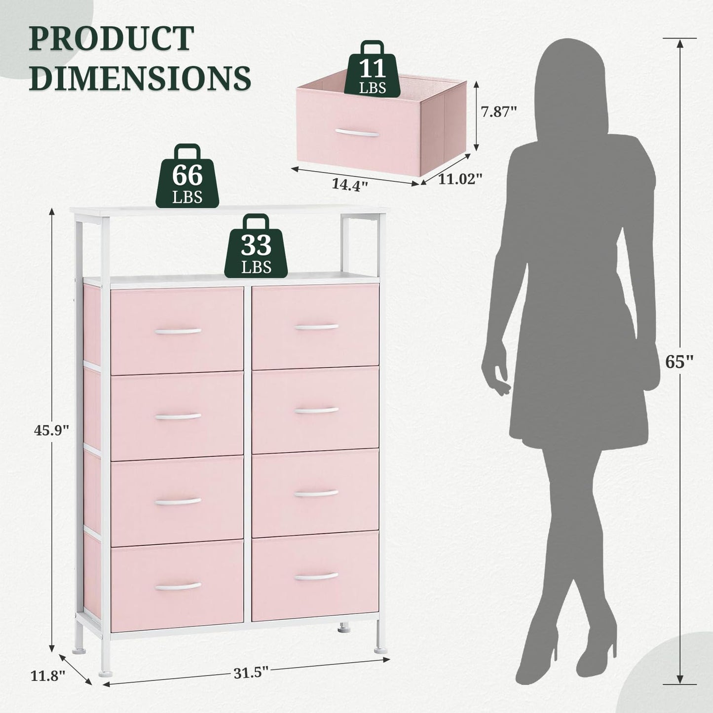 SageNest 8 Drawers Dresser with Open Shelf, 46" Tall Storage Organizer Chest of Drawer with Wooden Top, Sturdy Metal Frame for Bedroom, Hallway, Living Room, Pink