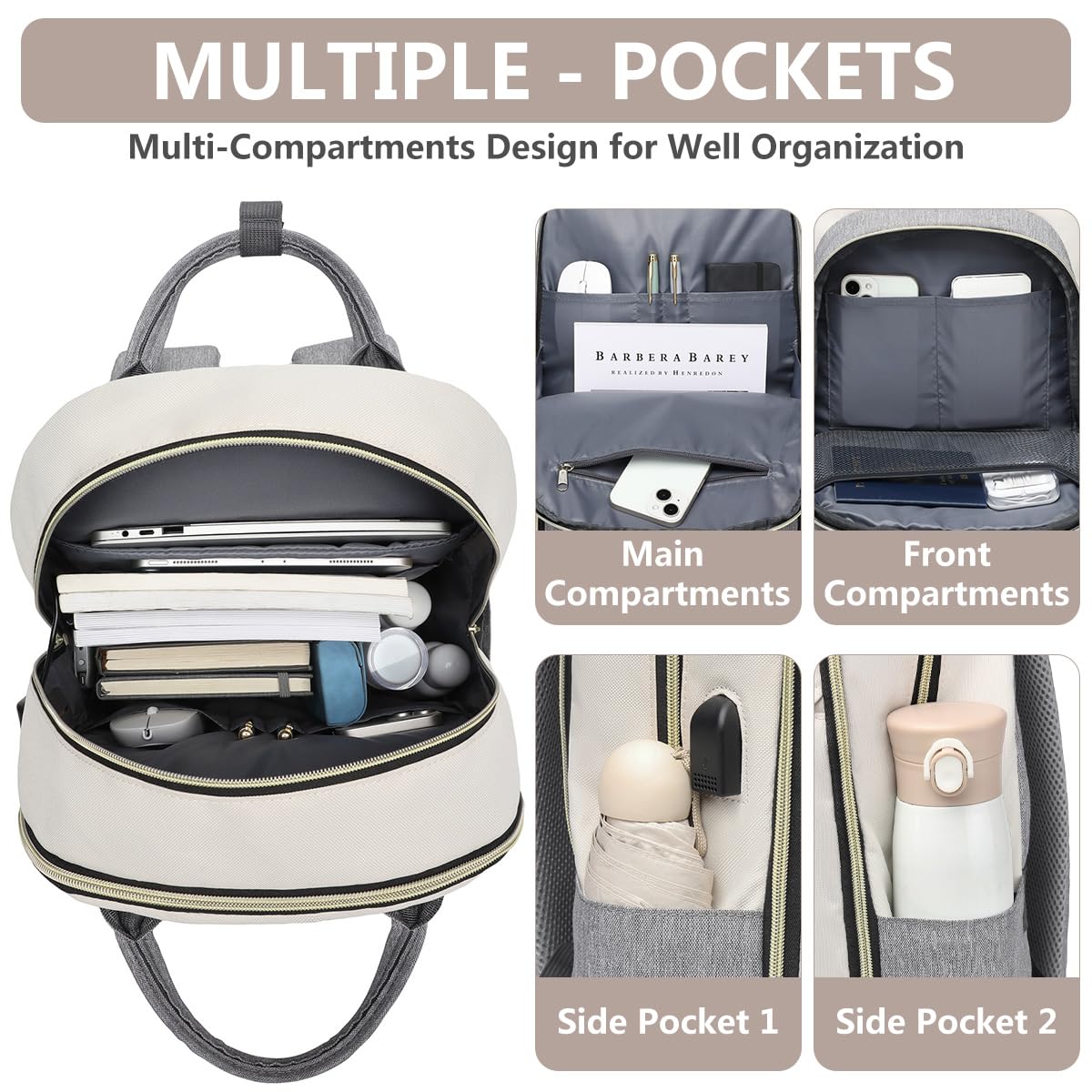 Laptop Backpack Women Work Bag - Travel Backpack Purse with USB Charger 15.6 Inch Nurse Bag College Teacher Business Backpack Waterproof Laptop Bag Beige Grey