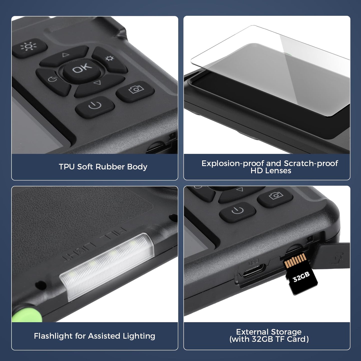 Triple Lens 1080P Borescope with 50FT Semi-Rigid Cable, 5" IPS Screen Endoscope Camera with Lights, 1080P Industrial Borescope with 32G Storage Card,IP67 Waterproof Drain Camera