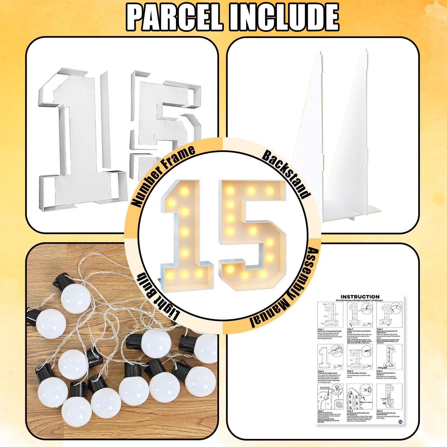 4ft Light Up Numbers 15 Large Numbers with Lights Bulbs White Marquee Frame for 15th Party Boys Girls Birthday Decorations Pre-Cut Mosaic Cardboard Giant Cut-Out Thick Foam Board Sign Anniversary