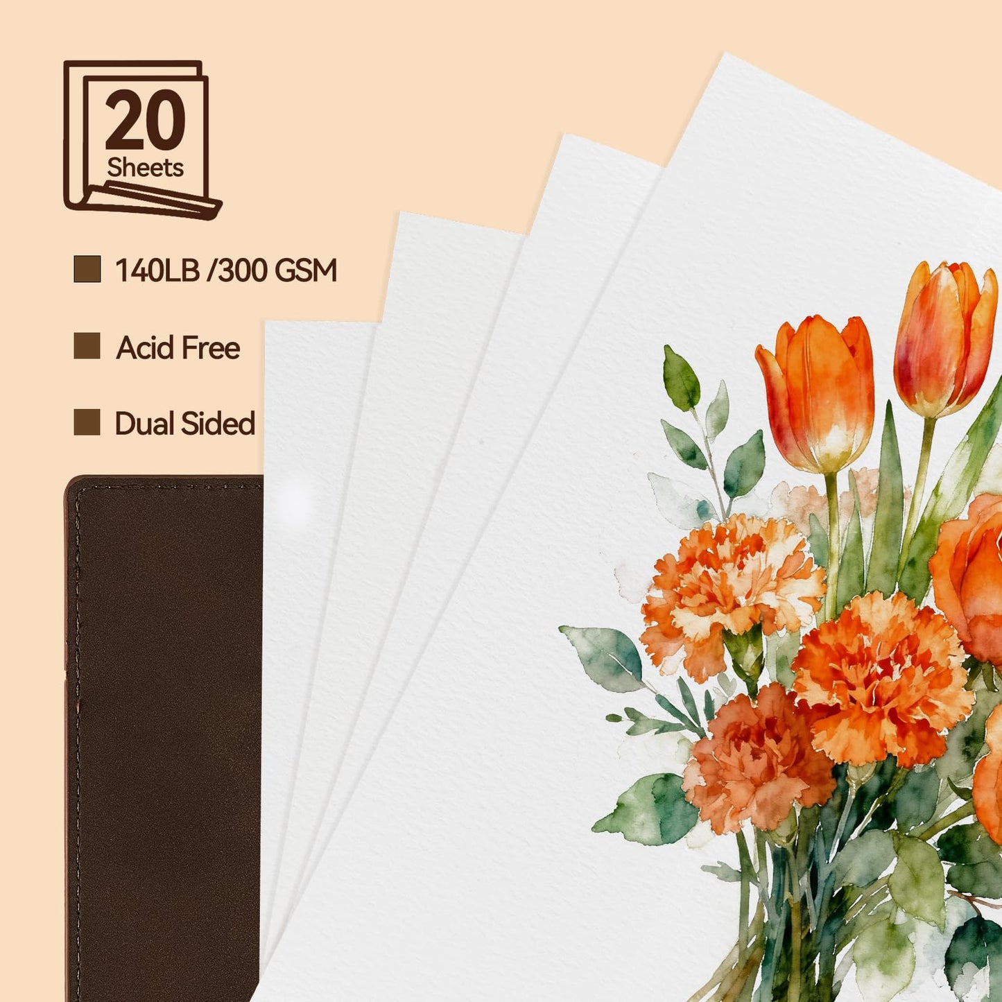 Lightwish Watercolor Sketchbook,100% Cotton Acid Free Watercolor Journal,300gsm/140lb Cold Press Watercolor Paper for Artists,Adults,Students,20 Sheets,5.8 * 8.2 Inches paper