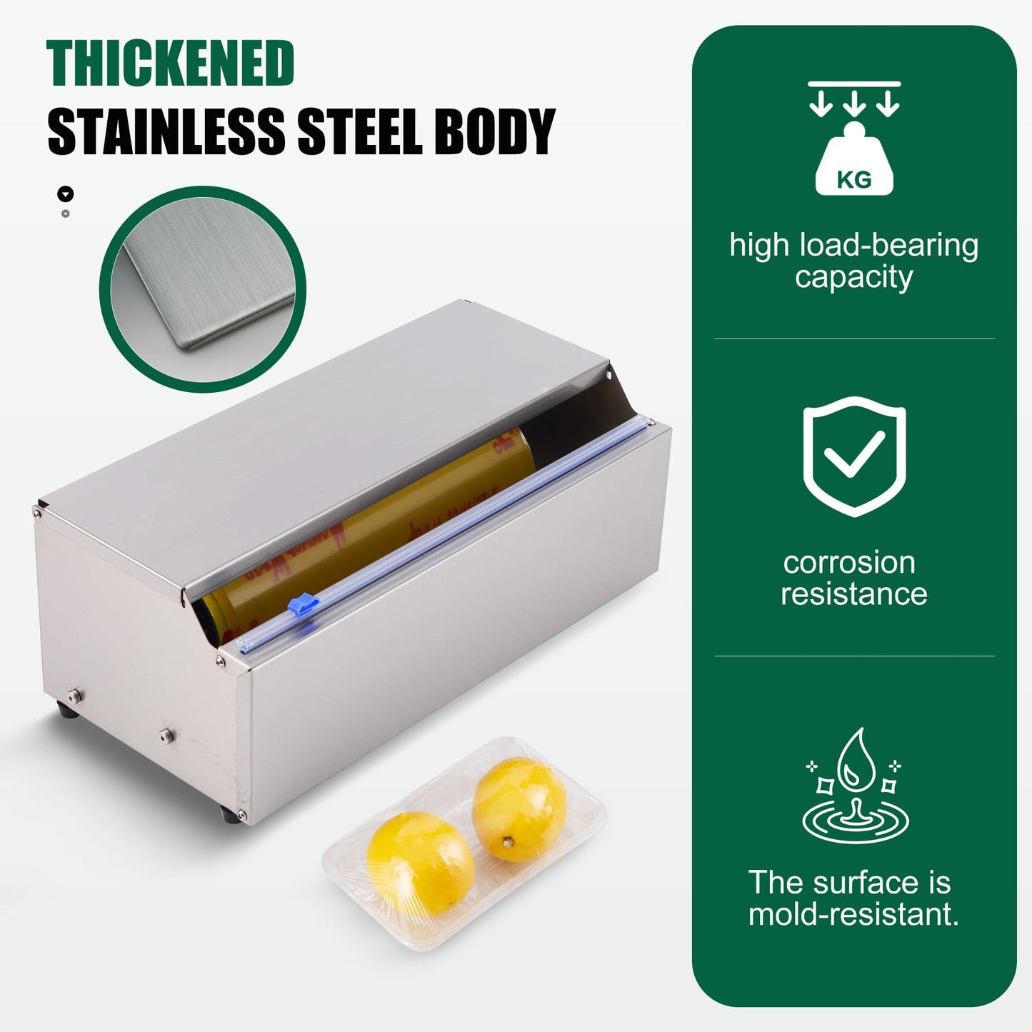 14 Inch Stainless Steel Plastic Food Wrap Dispenser, Cling Film Cutter with 4 Slide Blades for Home Kitchen, Meal Prep, Baking