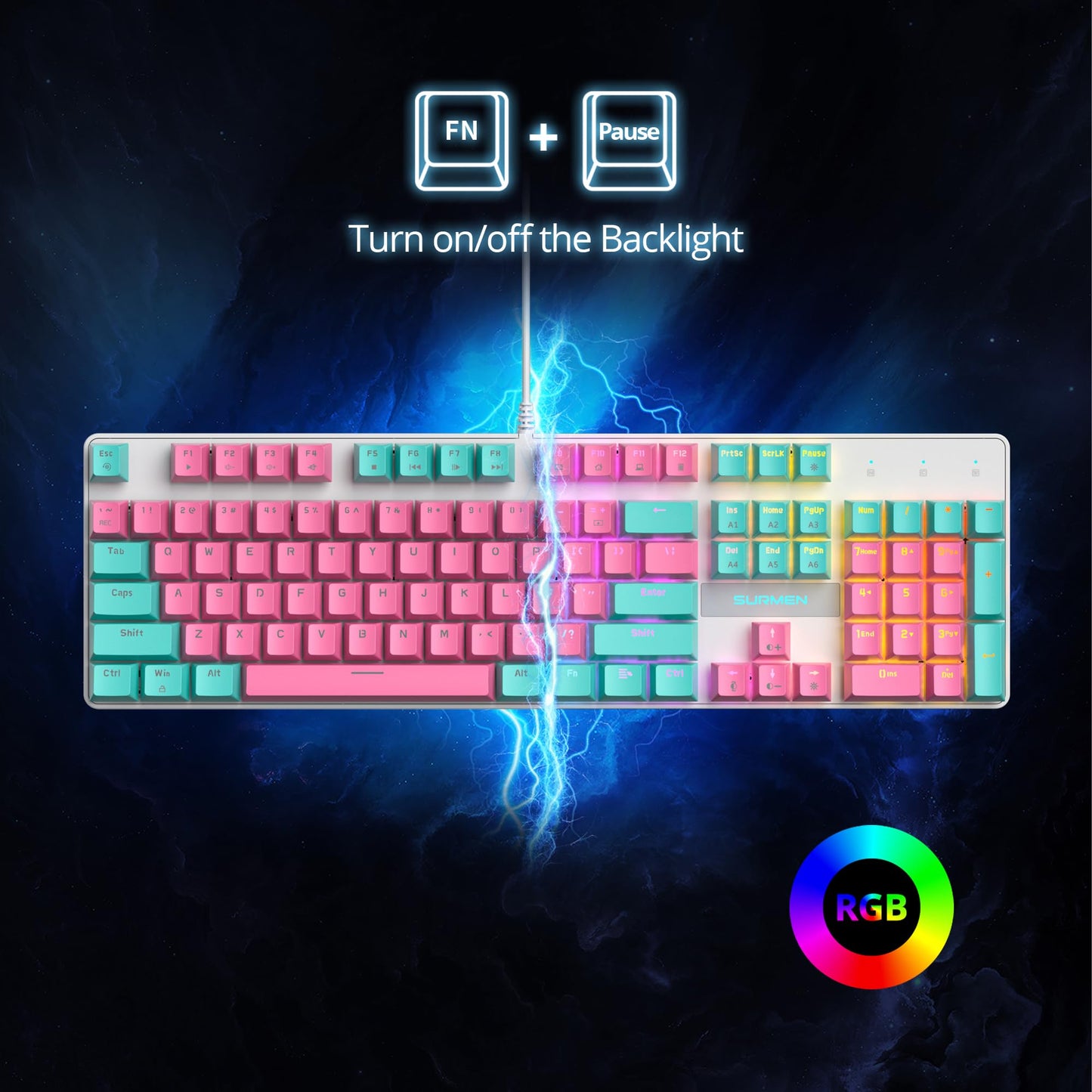 surmen Full Size Pink Creamy Keyboard with Number Pad, 104 Keys RGB Wired Mechanical Gaming Keyboard Backlit with PBT Keycaps Linear Red Switch for Laptop Desktop PC Gamers（104 Miami）