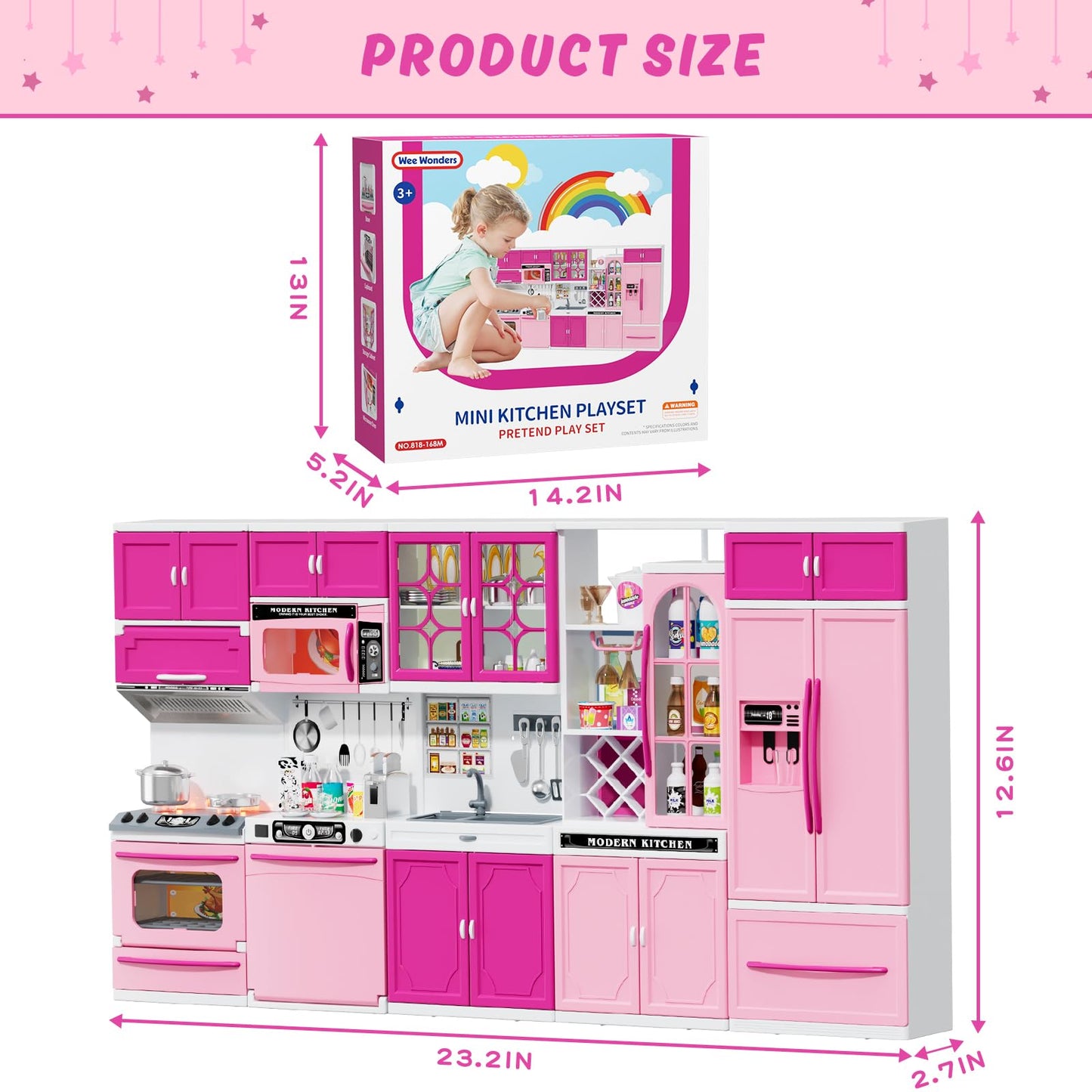 Wee Wonders 57 PCS Kitchen Playset for Girls, 5-in-1 Toddler Mini Kitchen with Realistic Lights & Sounds, Doll Kitchen House Toy, Mini Furniture Pretend Play Toys for Kids Age 3+, Pink
