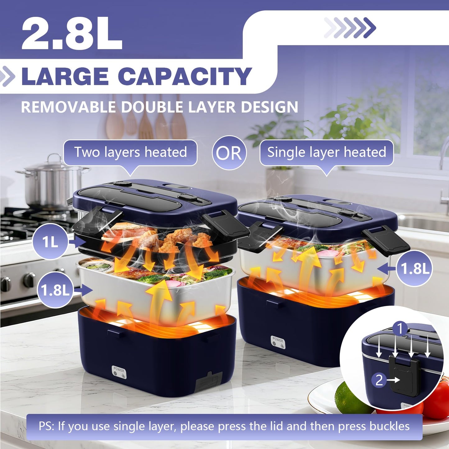 Electric Lunch Box for Adults, 2.8L Double Layer 100W Fast Heated Lunch Box, Heating Food Heater Warmer for Home Office Car Truck Use, Extra Large Lonchera Electrica Portátil 12/24V/110-230V, Blue