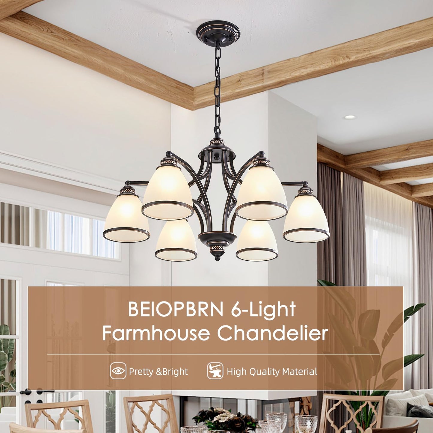 6-Light Chandeliers for Dining Room with Frosted Glass Black and Gold Strokes Modern 30’’Ceiling Hanging Light Fixtures Classic Pendant Lighting for Kitchen, Island, Dining Table, Adjustable Height