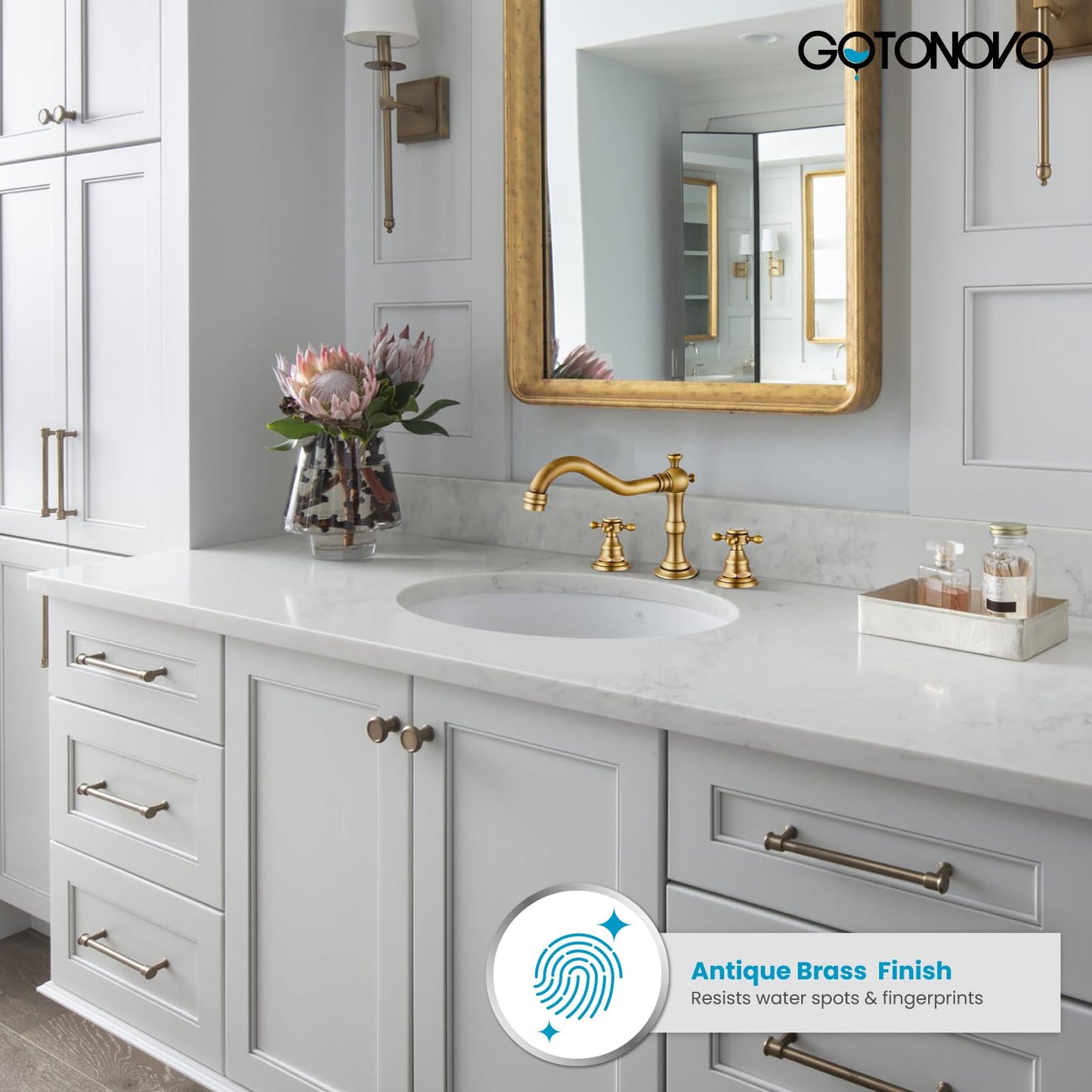 gotonovo 3 Hole Widespread Bathroom Sink Faucet Double Cross Handle Mixer Tap Faucet for Bathroom Sink Vanity Faucet Deck Mount Basin Hot Cold Water Matching Pop Up Drain Antique Brass