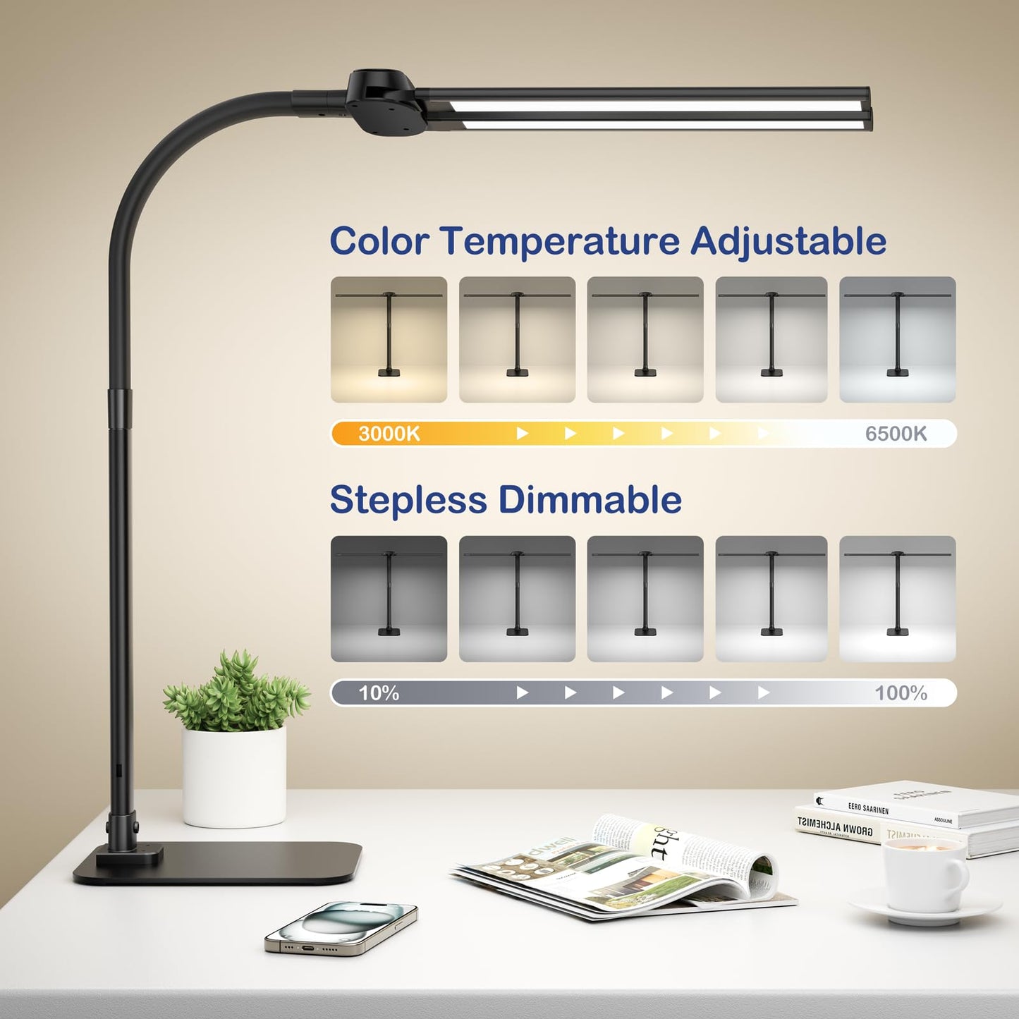 Desk Lamp with USB Charging Port for Home Office 24w Architect Remote Base Dual Task Led Light Modern 5 Color Modes Dimmable Adjustable Gooseneck Double Head Reading Drafting Eye Caring Tall Lamps