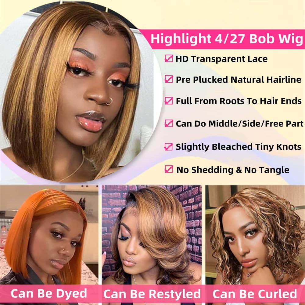 Superfect Highlight Lace Front Bob Wig Human Hair 14 Inch Ombre Honey Blonde 13x4 Hd Lace Front Wigs Human Hair Pre Plucked Middle Part 4/27 Colored Lace Frontal Wigs(14 Inch, 4/27 Highlight)
