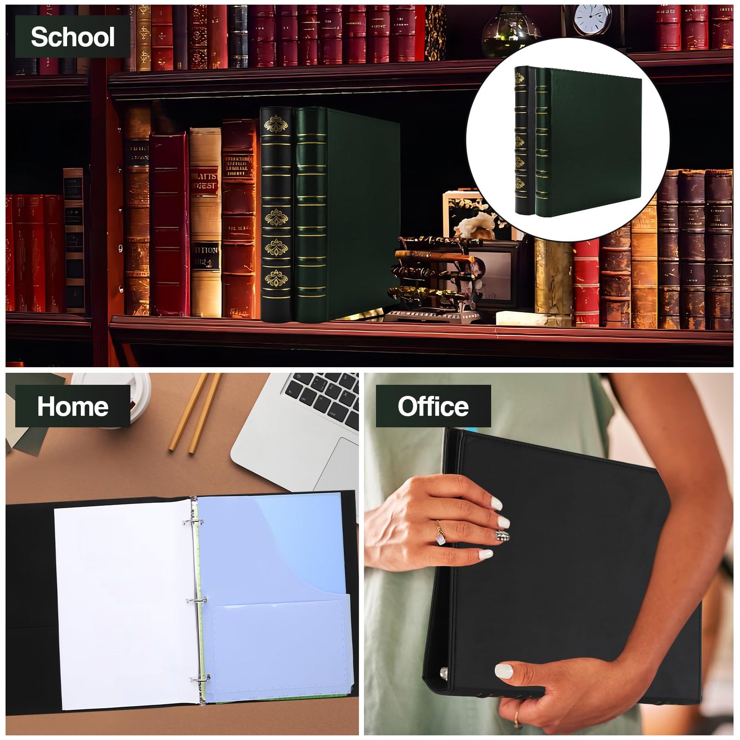 LETVPVOW 2 Pcs Vintage Hardback 3 Ring Binder 1 Inch, Professional Leather Binder 3 Ring, Three Ring Binders Fits 8.5 x 11, D Ring Binders for Home, School and Office- (1 Black and 1 Dark Green)