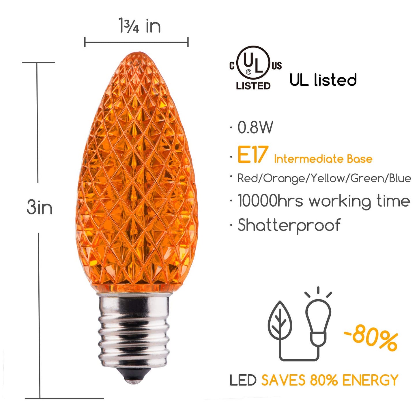 100 Pack C9 LED Replacement Christmas Light Bulb, C9 Shatterproof LED Bulb for Christmas String Light, E17 Intermediate Base, Commercial Grade Dimmable Bulbs, 2 Diode (LED's), Multicolor