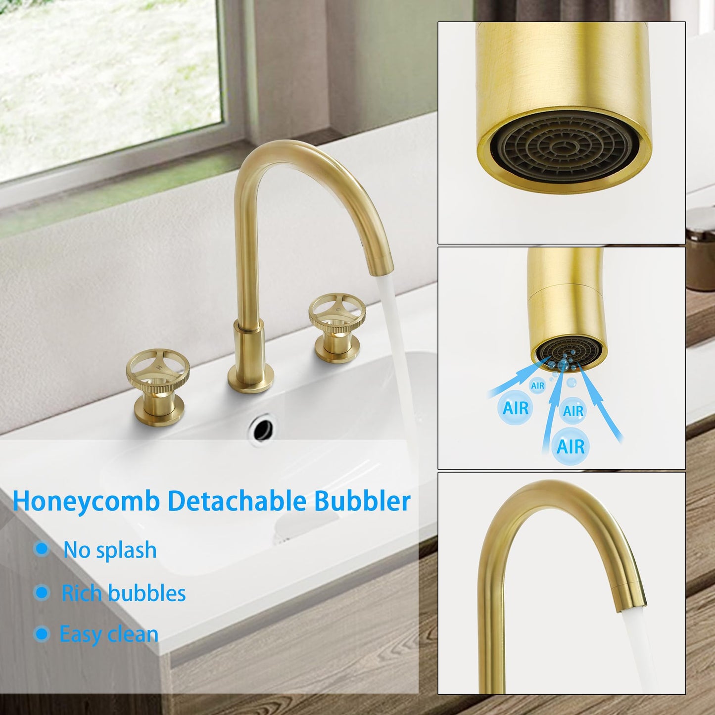 Bathroom Faucets Widespread Two Handle Vanity Faucet Deck Mount Bathroom Faucet 3 Hole Modern Gooseneck Bathroom Sink Faucet Spout, Brushed Gold