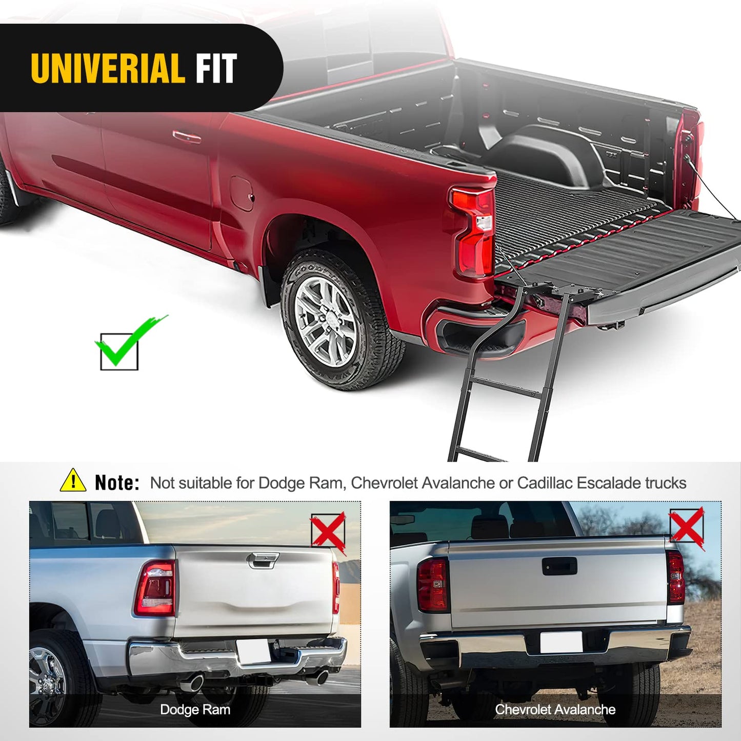 Nilight Foldable Truck Tailgate Ladder for Pickup with Aluminum Step Grip Plates, Replaceable Rubber Feet & Stainless Steel Self Drilling Hex Screws for Easy Installation