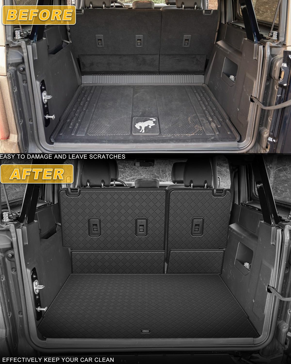 Trunk Liner & Backrest Mat for 2021-2025 Ford Bronco 4-Door (Not for Sport Model)- Custom Fit PU Leather Cargo Liner and Rear Backrest Protector - All Weather Waterproof Anti-Slip Car Mats