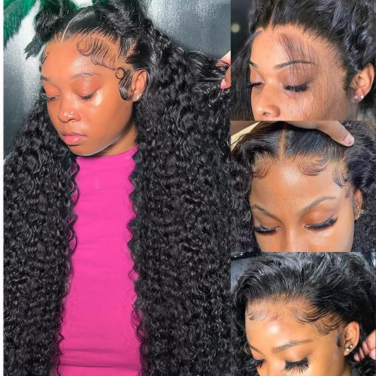 26 Inch 13x6 Deep Wave Lace Front Wigs Human Hair Pre Plucked HD Lace Front Curly Wigs Human Hair 200% Density Glueless Frontal Wigs Human Hair with Baby Hair Curly Wigs for Women Natural Black