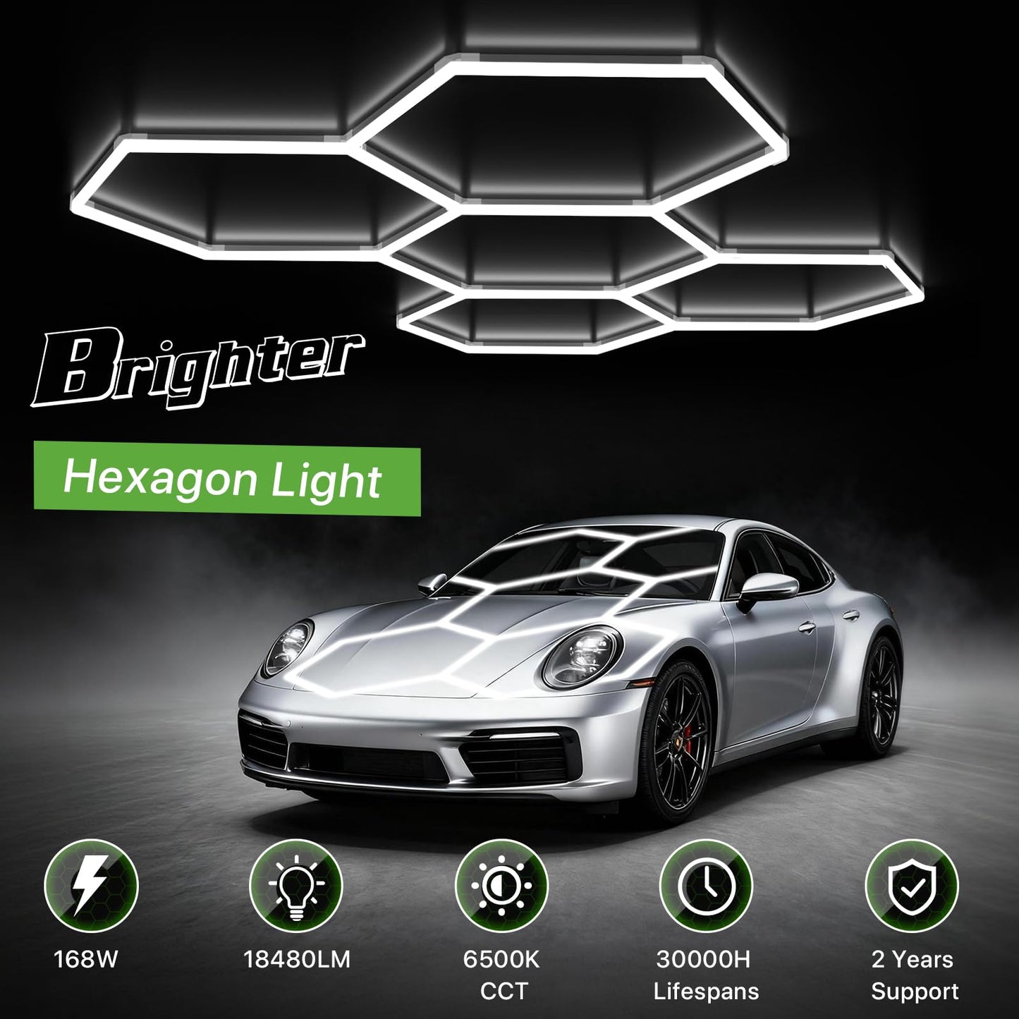Glitgate Hexagon LED Garage Light, 168W 18480LM 5-Grid Honeycomb Hex Lighting System, 6500K Ultra Bright Ceiling Light for Garage, Car Detailing Shop, Workshop, Basement, Gym