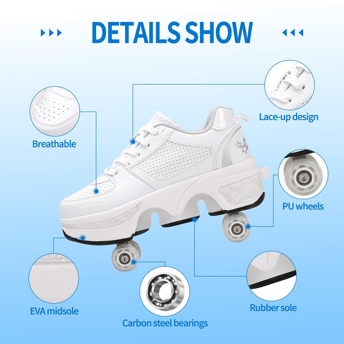 2-in-1 Roller Skates Double-Row Deform Wheel Roller Skating Automatic Walking Shoes Fitness Kick Roller (by, 11 Women/10 Men)