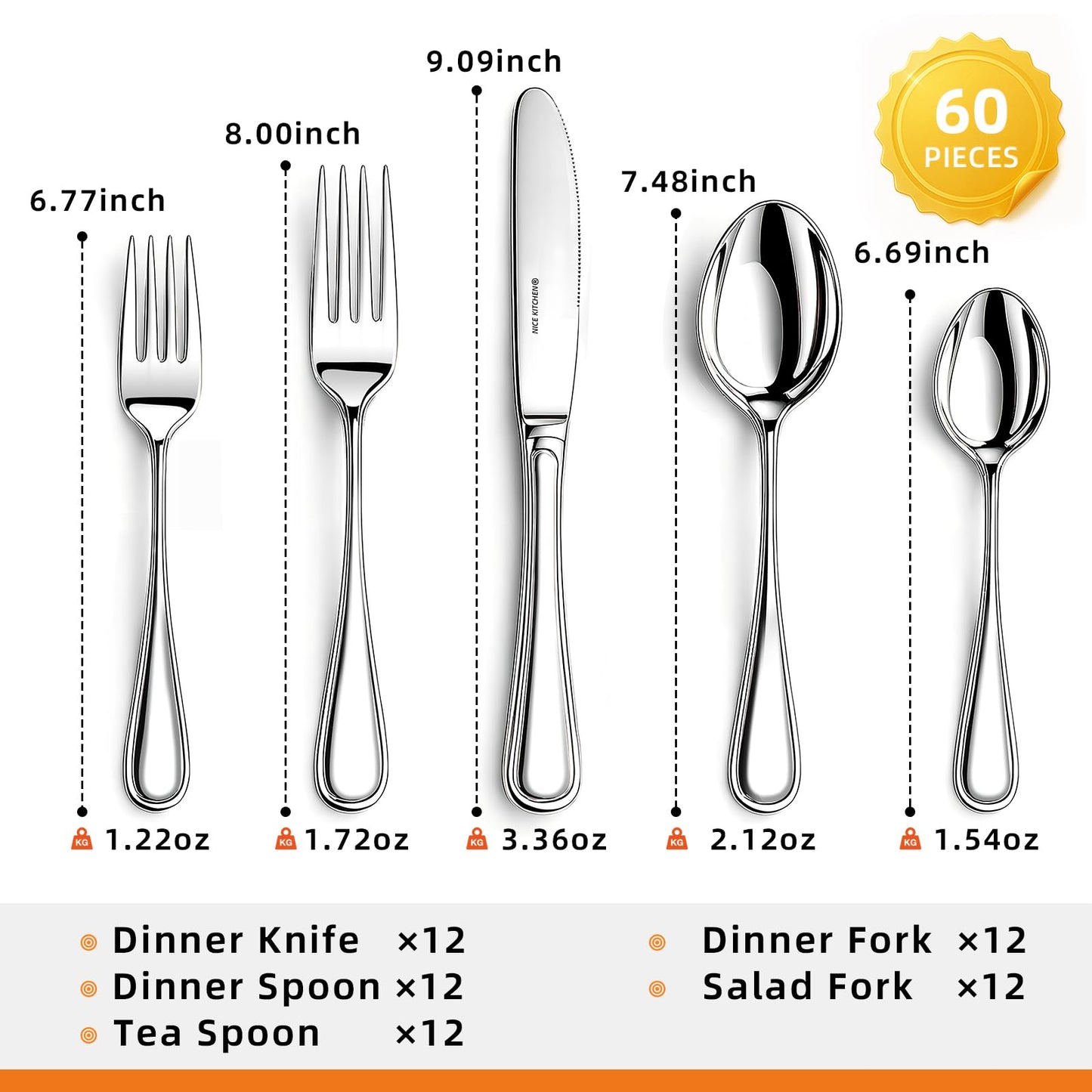 NICE KITCHEN Silverware set for 12,60 Pieces Premium Stainless Steel Silverware set,Mirror Polished Cutlery Set,Heavy Duty Flatware Set for 12,Dishwasher Safe,Luster Series