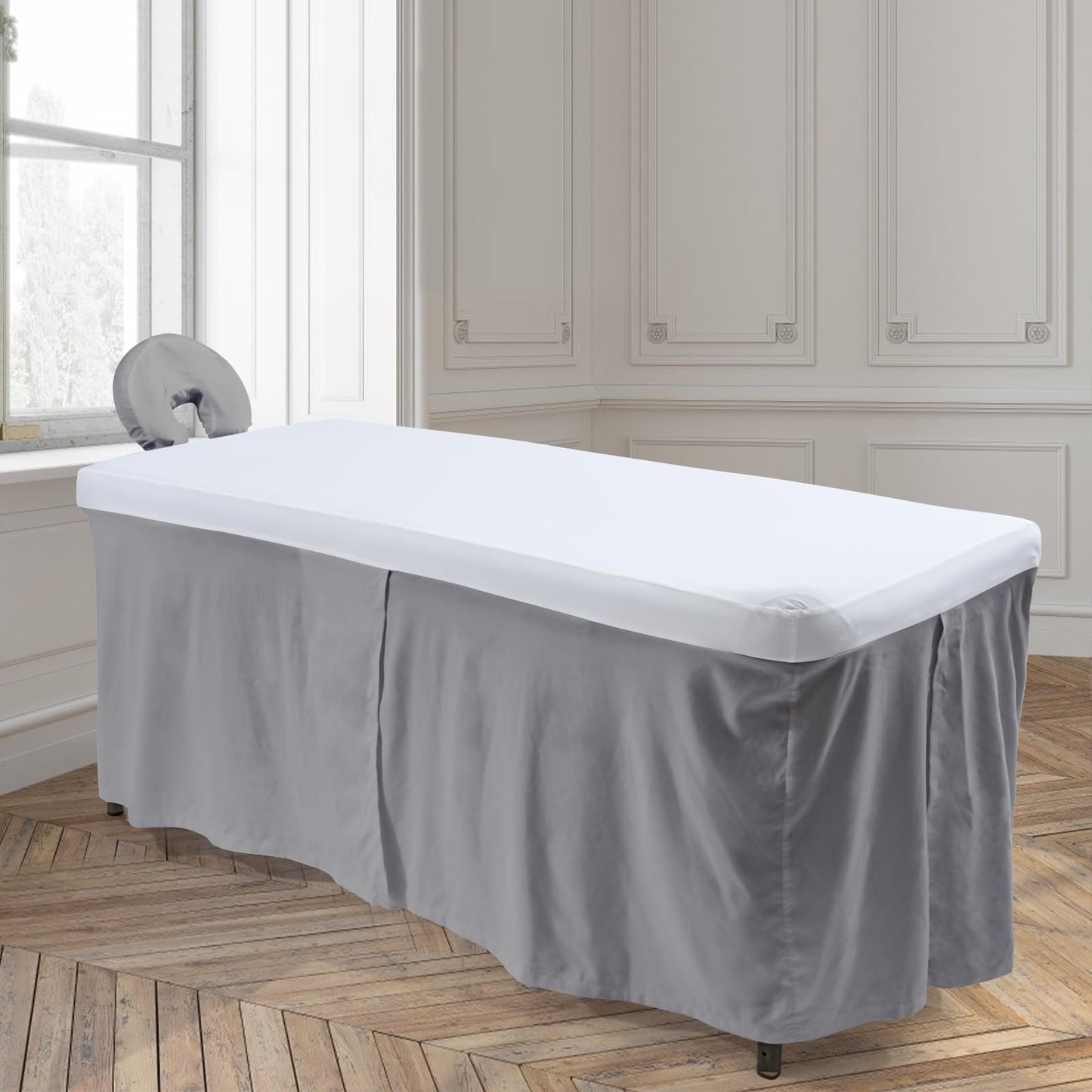 SHINARDO Massage Table Skirt,Massage Face Rest Cover,and Massage Table Under Storage 3pcs Set,SPA Bed Cover,Bed Valance,Soft and Stretchable Fabric Fit Different Size (Gray)