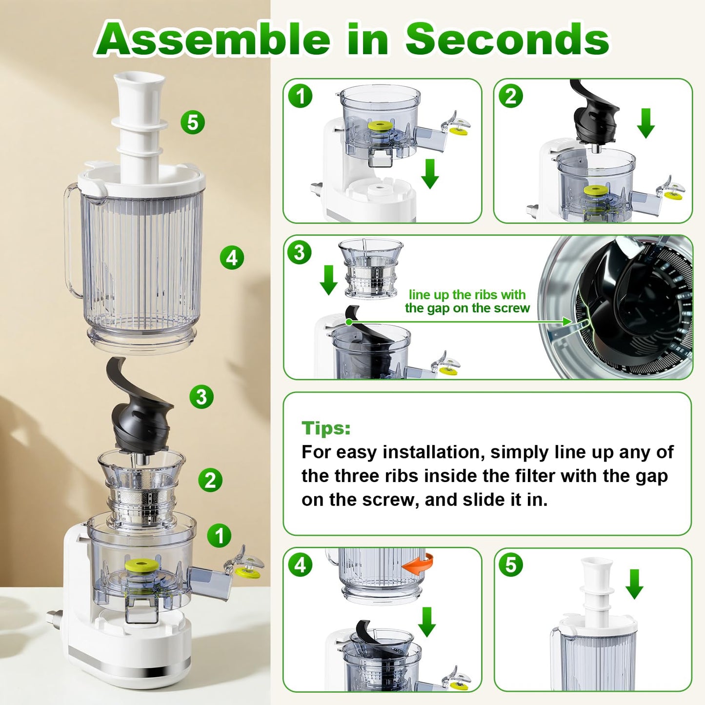Masticating Juicer Attachment for KitchenAid Stand Mixer, 4.9" Large Feed Chute Fit Whole Vegetables & Fruits, Slow Cold Press Juicer Includes 2 * 32oz Capacity Cups, Juicer Attachment for Kitchen Ai