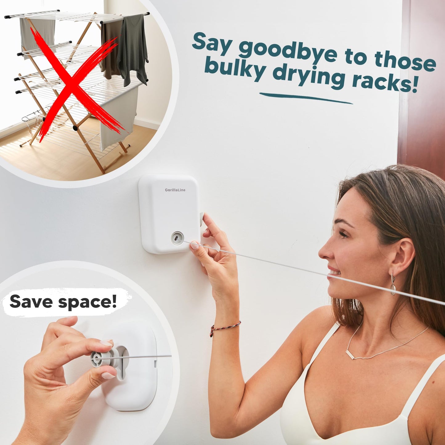 GorillaLine - Retractable Clothesline Indoor Outdoor Clothes Line | Heavy Duty Clothes Drying Laundry Line | Wall Mounted Drying Rack Clothing Line