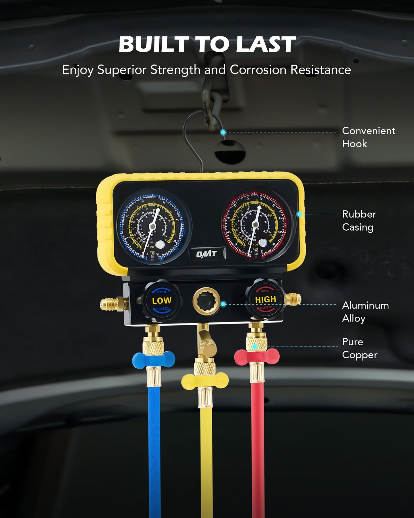 Orion Motor Tech R410a Gauges, AC Manifold Gauge Set for R22 R32 410A 134A Refrigerant, 3 Way AC Gauges R410a Manifold Set with R410a R22 Safety Valves, 3 Hoses, R410a Adapters, Universal Can Tap