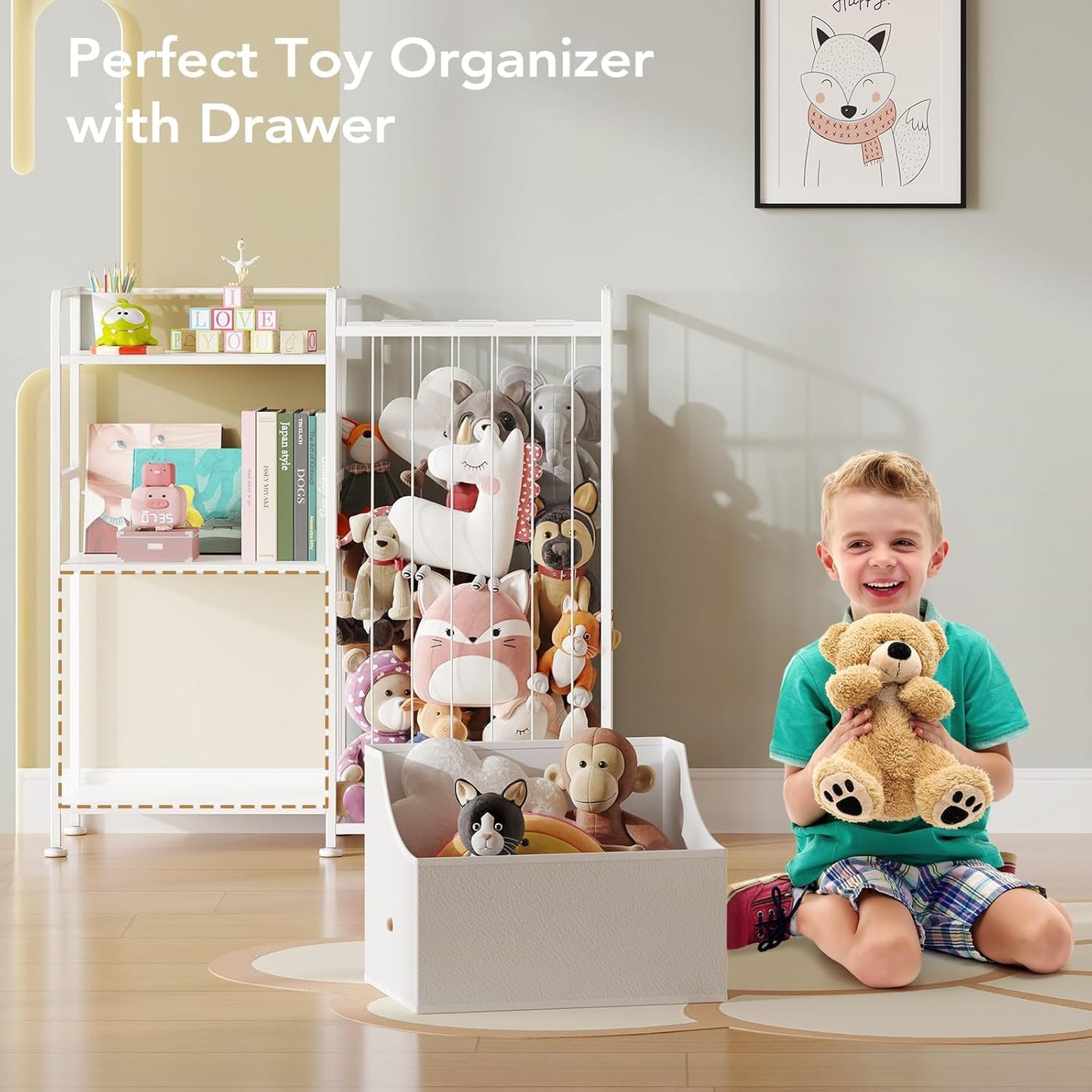 BBLIKE Kids Bookshelf and Toy Storage Organizer, Stuffed Animal Storage Holder with Fabric Toy Chest, 2-Tier Toddler Book Shelf for Kids Room, Playroom, Nursery, White