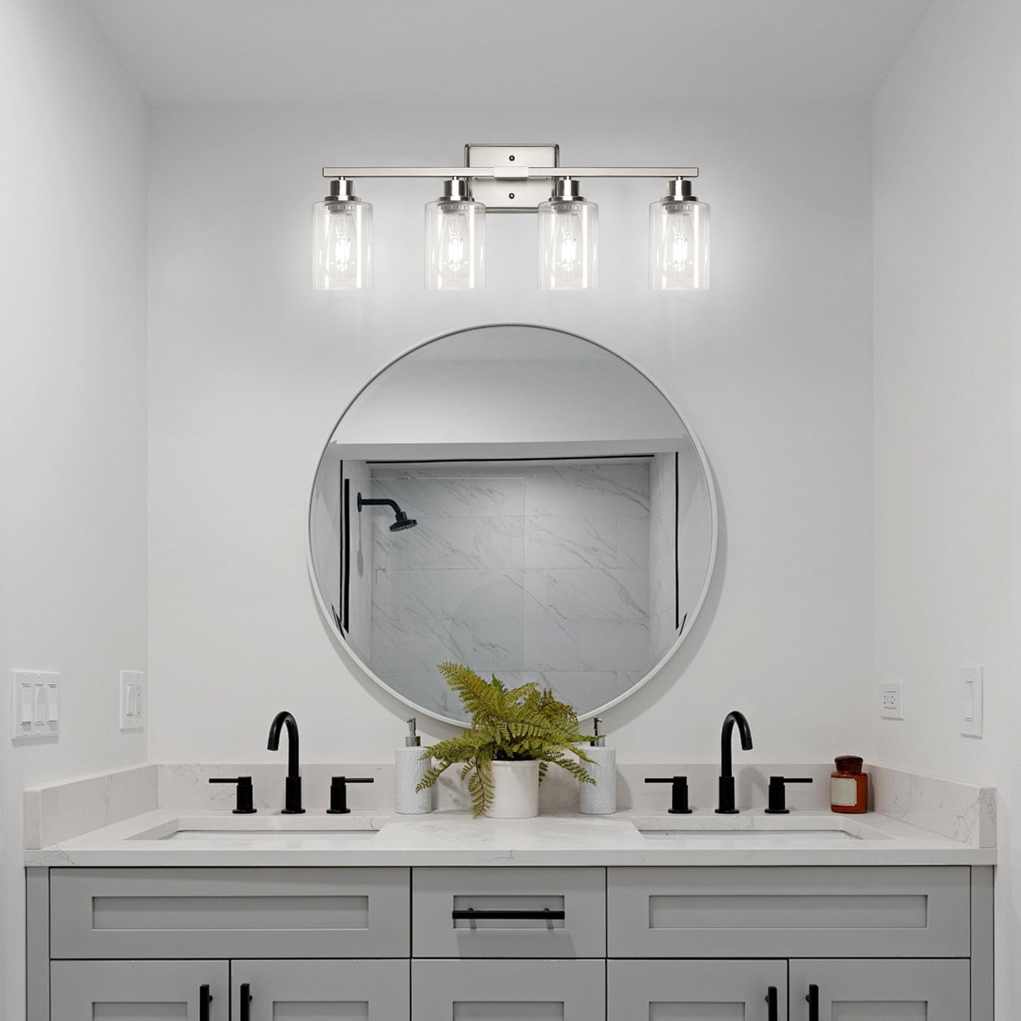 Ascher Bathroom Light Fixtures, 4-Light Vanity Lights with Clear Glass Shade, Modern Brushed Nickel Wall Light for Mirror Bedroom Hallway Cabinet Porch