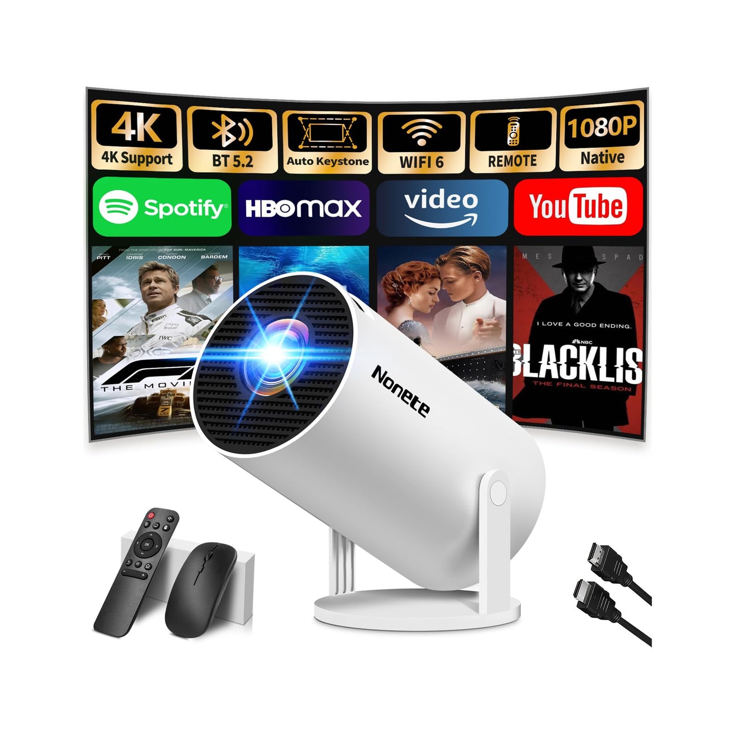 [2026 Upgraded] Mini Projector Support 4K 1080P FHD Auto Keystone 270° Rotatable with WiFi 6 and Bluetooth 5.2 Projector Portable Compatibile with HDMI/TV Stick/Memory Stick/Laptop,White
