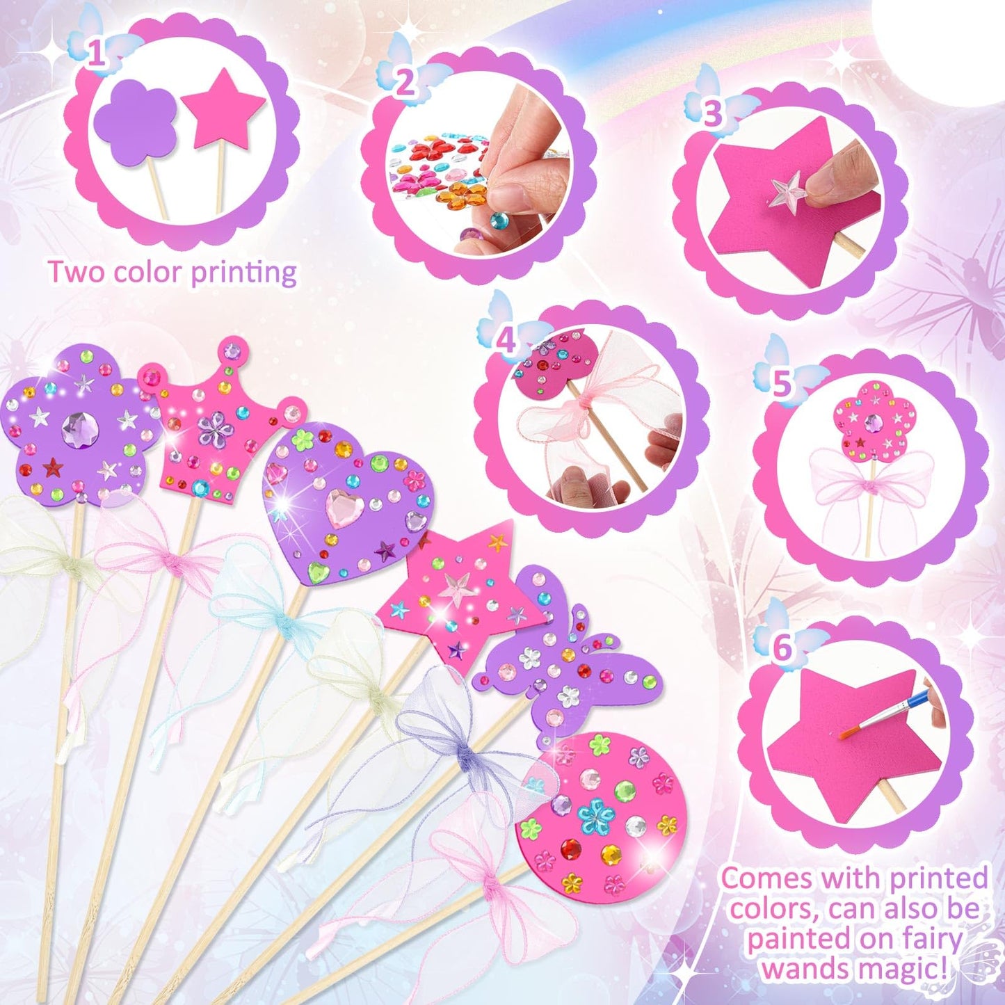 Juexica 48 Pcs DIY Princess Fairy Wands Kit Include Fairy Wands, Gems Stickers, Ribbons, Unfinished Make Your Own Wooden Princess Wand Kit for Birthday Party Supplies Craft Gifts