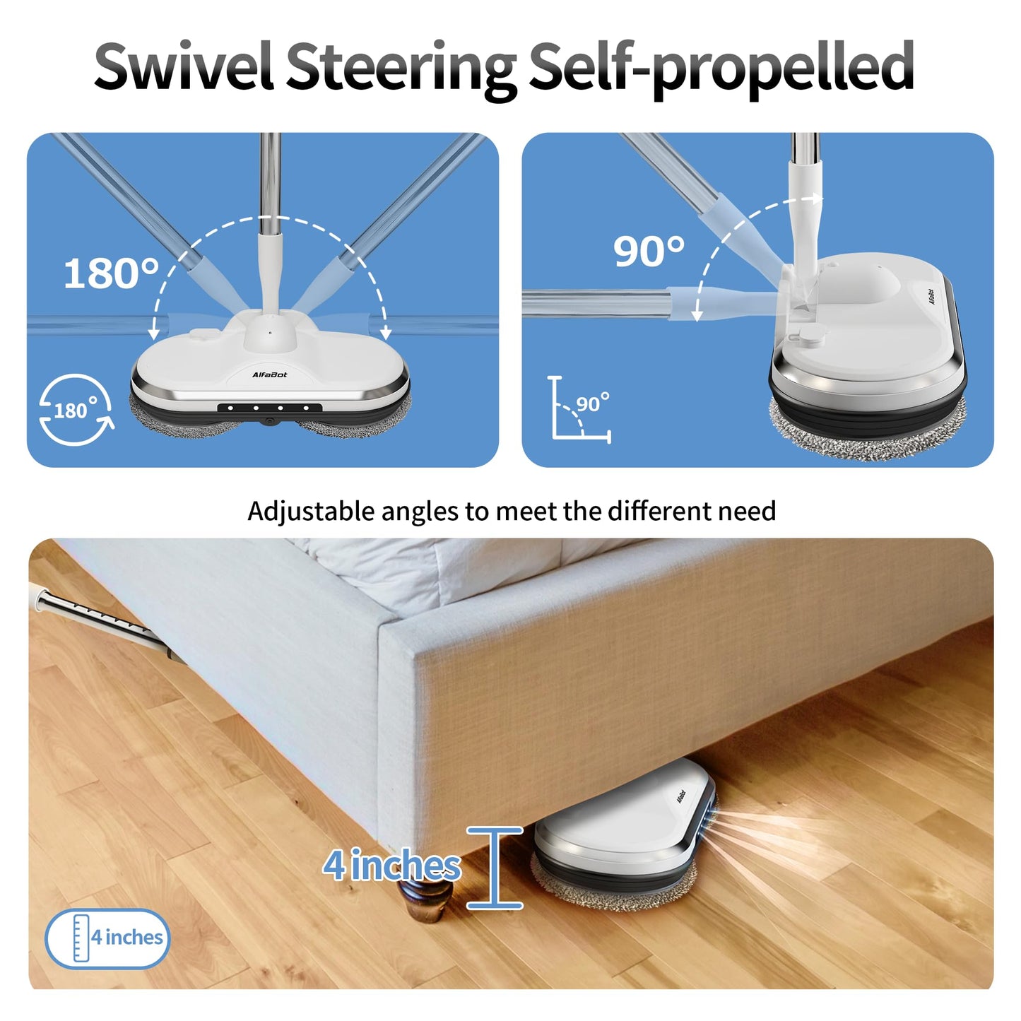 Electric Mop, AlfaBot WS-24 Cordless Spin Mop for Floor Cleaning, Lightweight & Rechargeable Floor Cleaner with Water Sprayer and LED Headlight for Hardwood and Tile Floors, White