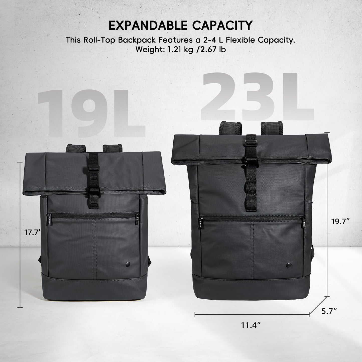 Rolltop Backpack for Adults, Water Resistant Expandable Daypack with Dedicated Compartment Fits 15.4” Laptops, Roll Top Back packs for Travel, Work Buisness, Commute, College & Carry-On Trips, Black