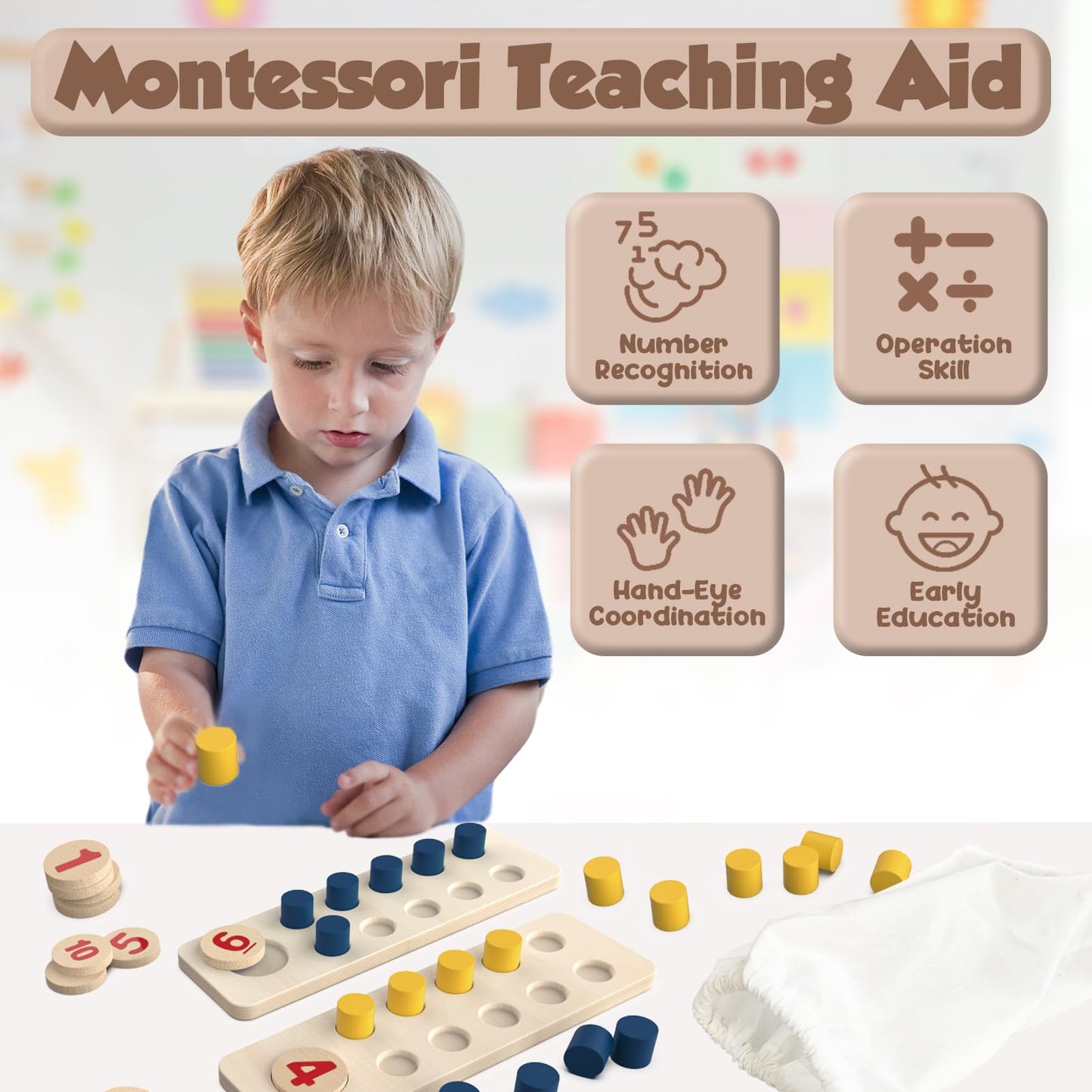 TEUVO Counting Peg Board Montessori Toys for Kids Aged 3 4 5 6 Years Old, Montessori Math Manipulatives Materials Wooden Preschool Learning Number and Counting Games for Home School Classroom