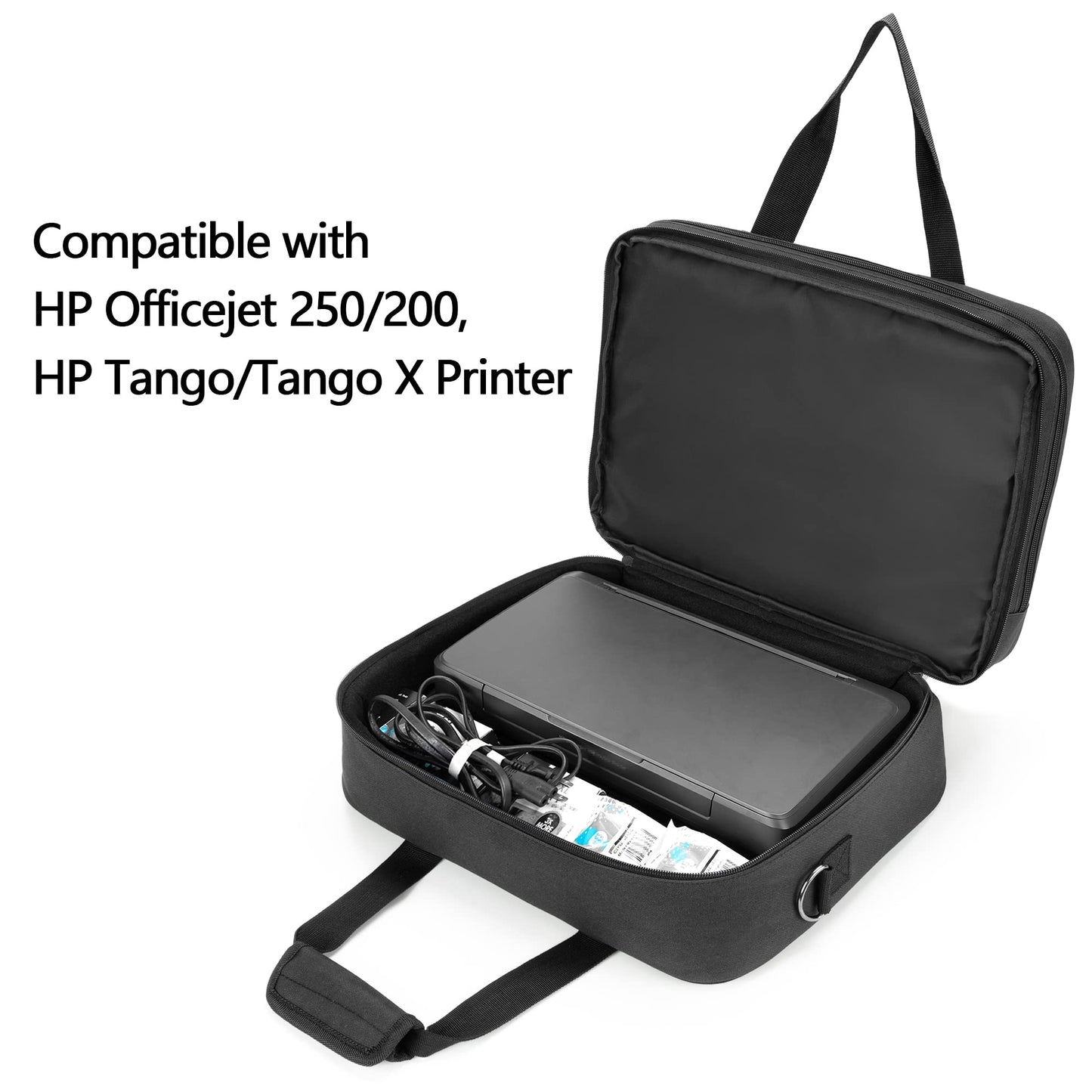 samdew Double-layer Portable Mobile Printer Storage Bag Compatible with HP Tango/Tango X, HP Officejet 250/200, Printer Carrying Case with 15.6" Laptop Layer, Shoulder & Trolley Strap, Bag Only