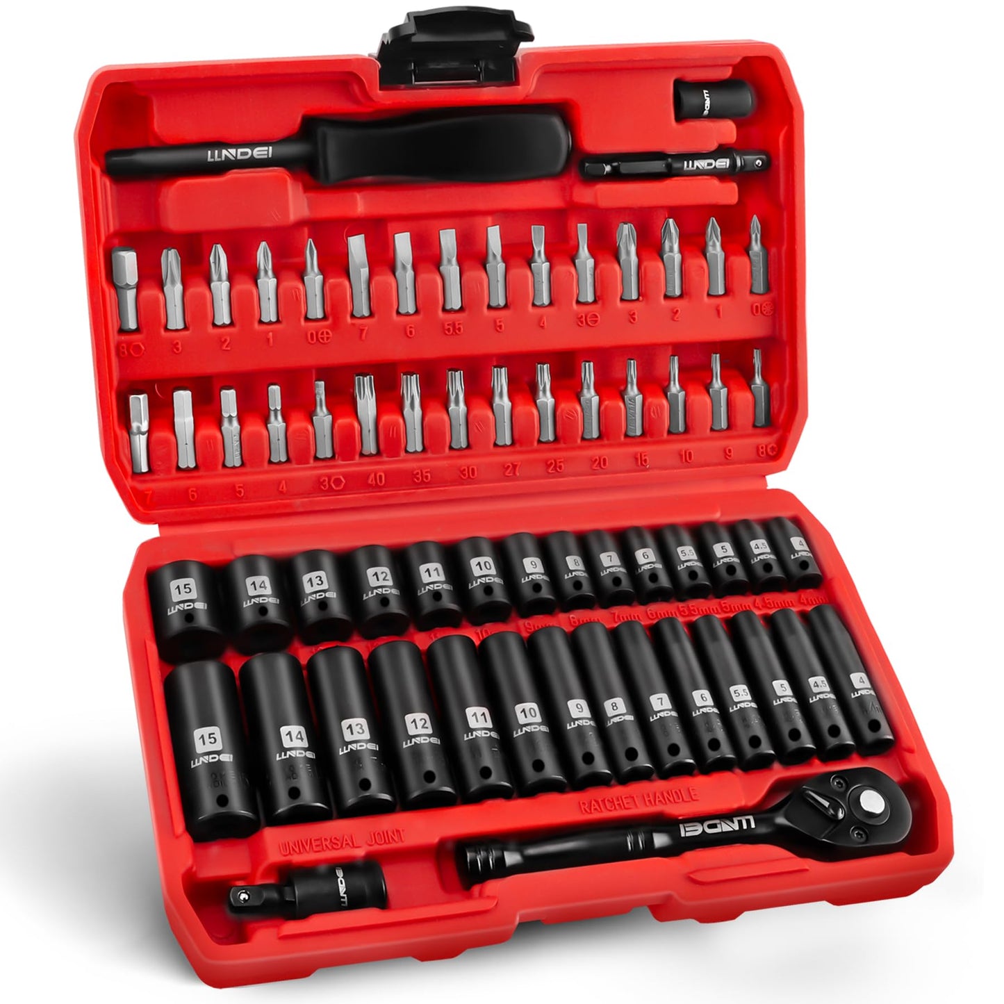 LLNDEI 1/4" Drive Socket Wrench Set, 1/4-Inch Impact Socket Set Metric(4-15mm) Deep and Shallow 6 Point, CR-V, 63PCS with 72T Ratchet Wrench Handle for Household&Automotive Repairing