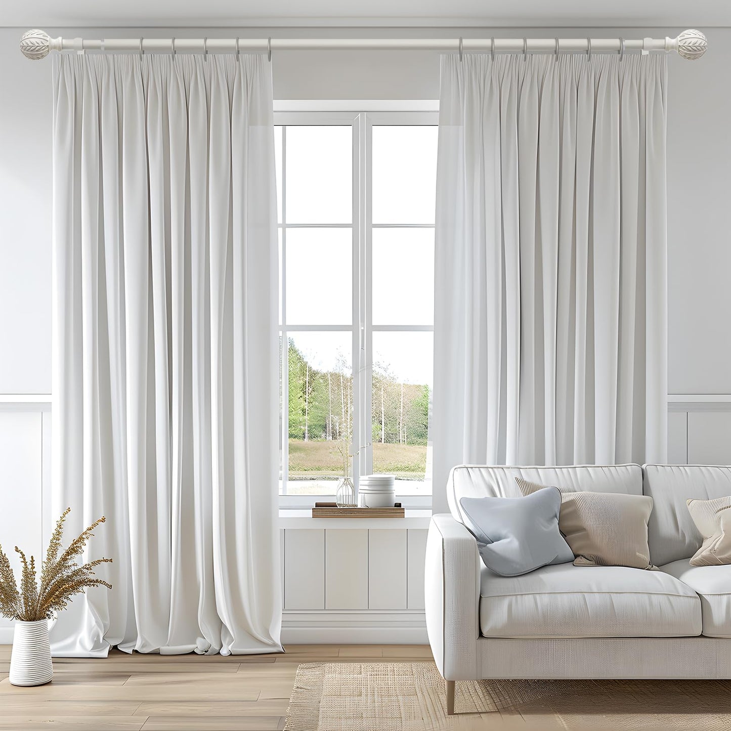 QDWIS Antique White Curtain Rods for Windows 48 to 84 inch,1" Adjustable Heavy Duty Window Curtain Rod with Leaf Finials,Rustic Decorative Drapery Rods Set,Size:36-88''