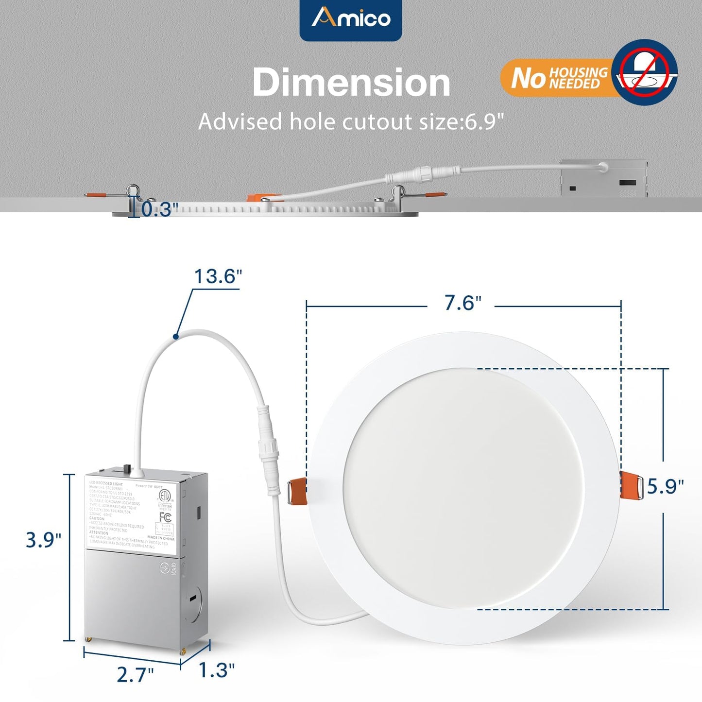 Amico 4 Pack 7 Inch 5CCT Ultra-Thin LED Canless Recessed Ceiling Light with Junction Box, 2700K/3000K/3500K/4000K/5000K Selectable, 15W=100W, 1300LM High Brightness, Dimmable Wafer Downlight-ETL&FCC