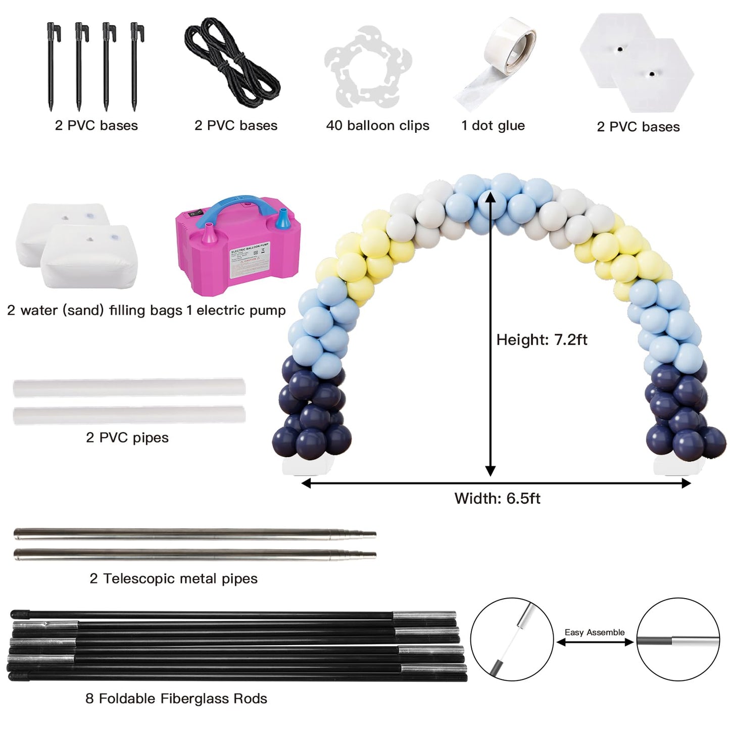rubfac 2-in-1 Balloon Arch Kit, 7.2ft Balloon Arch Stand with Electric Pump Adjustable Balloon Arch Frame with Water Fillable Base for Wedding Birthday Baby Shower Party Decorations