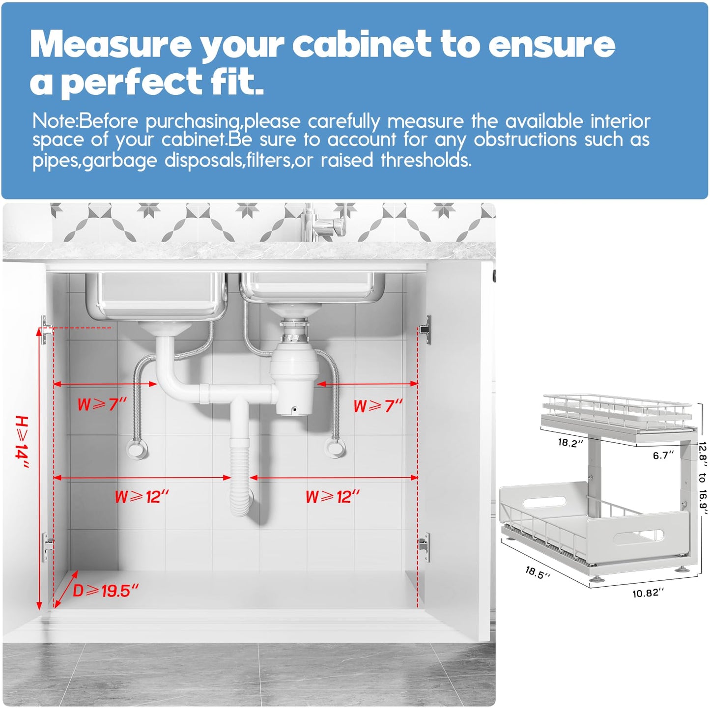 Biboraya Under Sink Organizer Upgrade To Professional Rails,2-Tier Dual Pull Out Cabinet Storage,Height Adjustable Slide Out Drawers For Bathroom Kitchen,2 Pack-18.5"Dx12.8"-16.9"H,White
