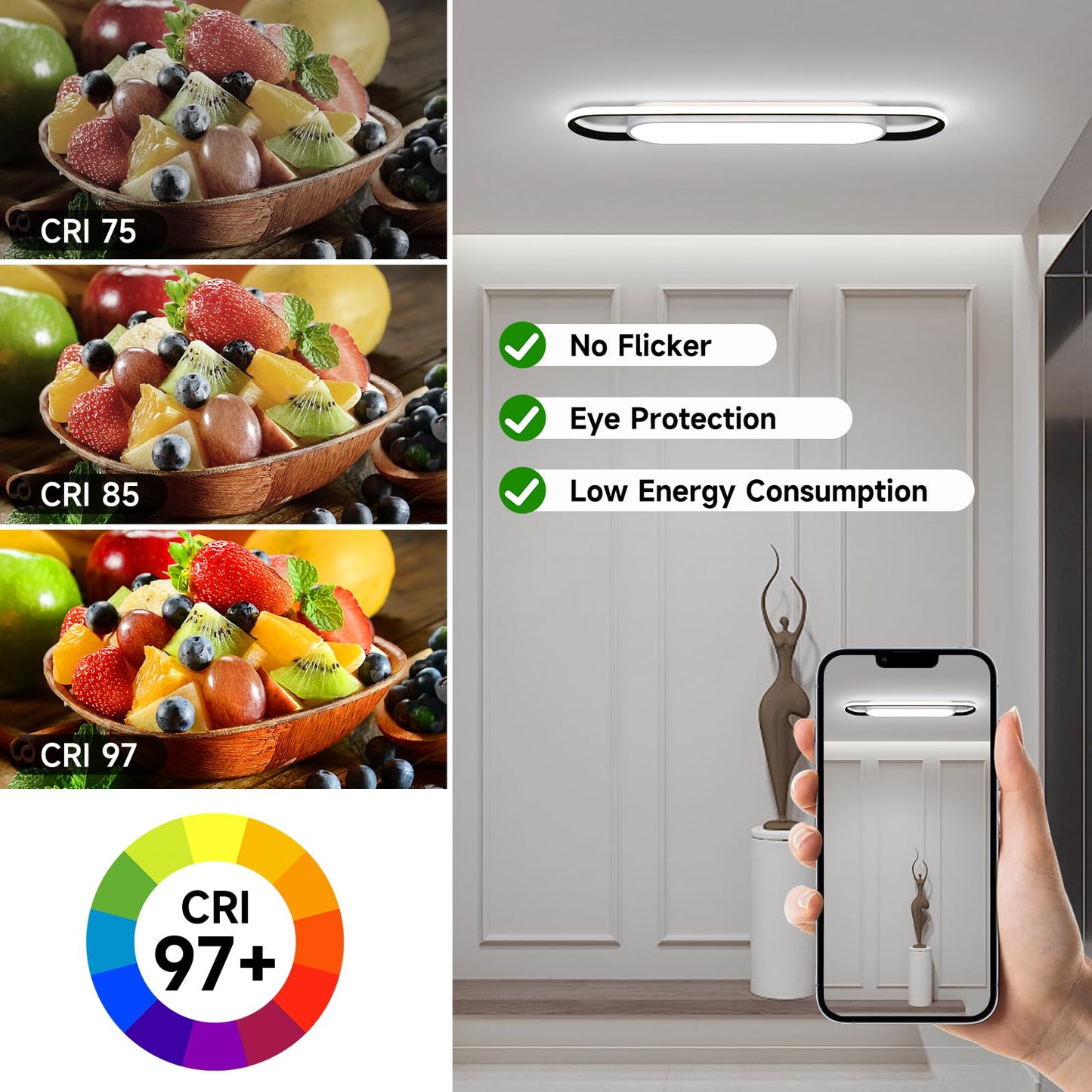 GBMEDZG 3Ft Smart LED Ceiling Lighting,50W High Brightness Linear Flush Mount Light Fixture,36.2" Dimmable Led Ceiling Lamp with Remote Control for Kitchen,Garage,Hallway,Laundry,Study Room.