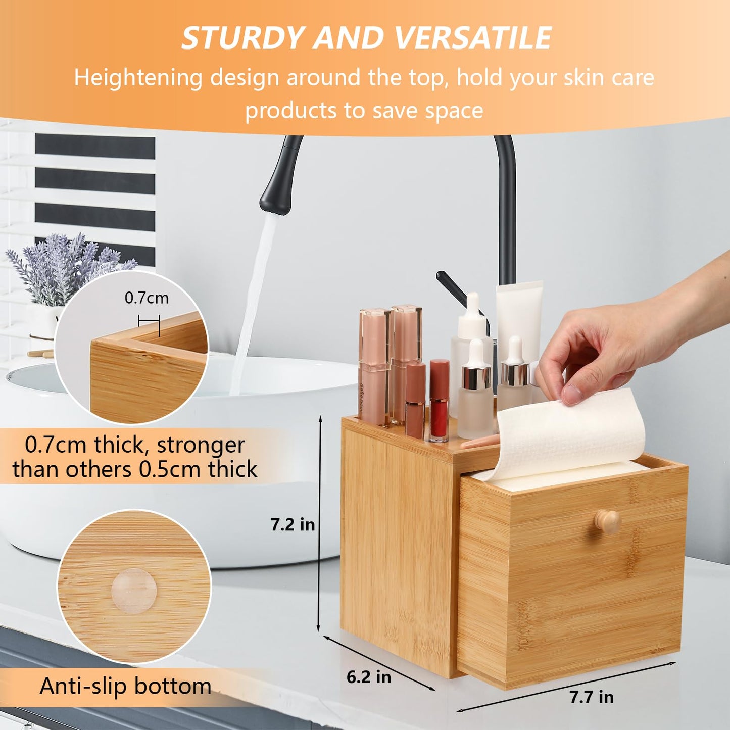 Disposable Face Towel with Bamboo Drawer Storage Box - Face Towelettes Disposable XL, Facial Towels Disposable, Makeup Organizer for Clean Face Towels, Makeup Remover Dry Wipes Washcloths 50 Ct