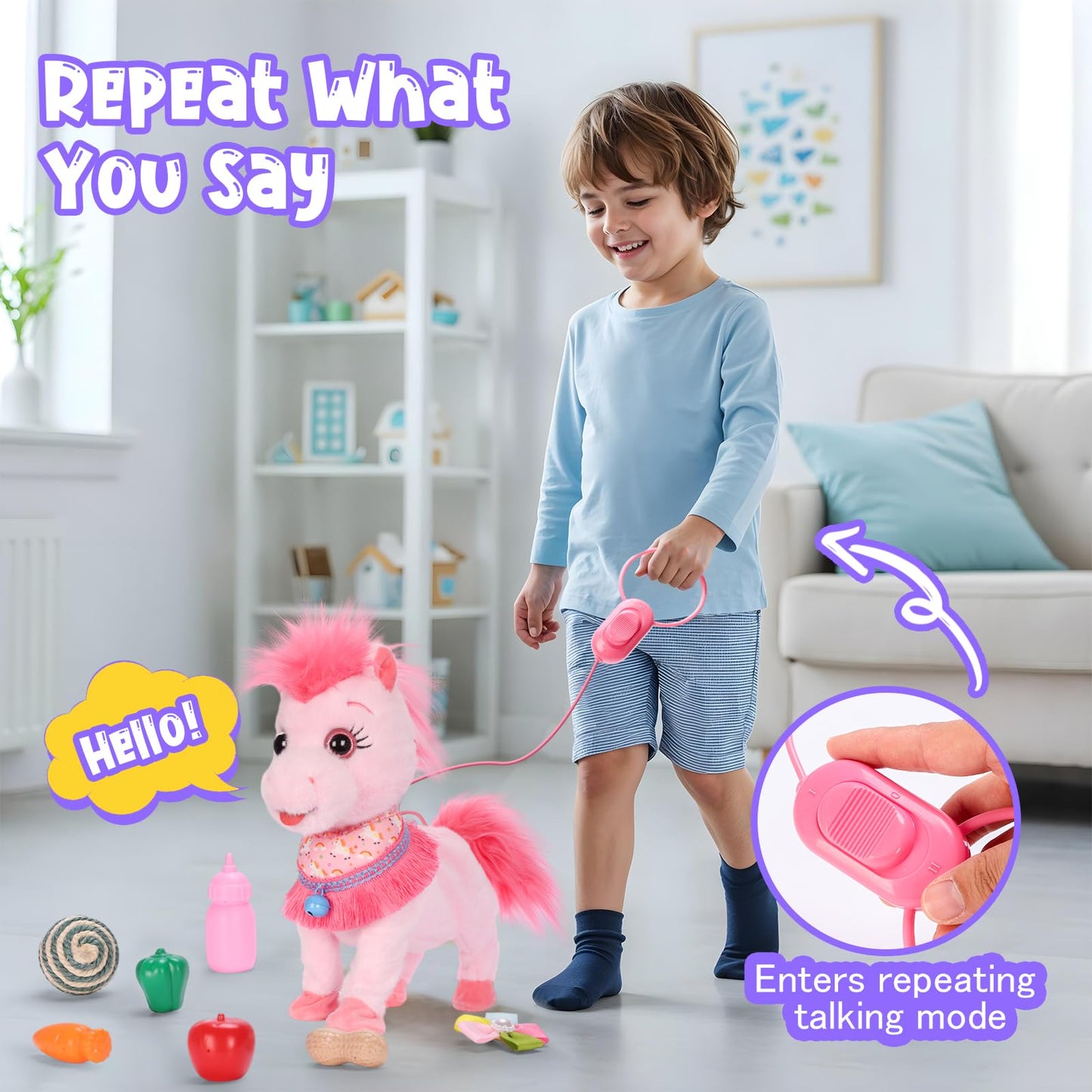 Pink Walking Pony Set Interactive Talking Singing Dancing Horse Walk Along with Remote Control Leash Plush Pony Pet Toy for Kid, Nod Lick Wag Repeat What You Say, 3+ Girl Boy